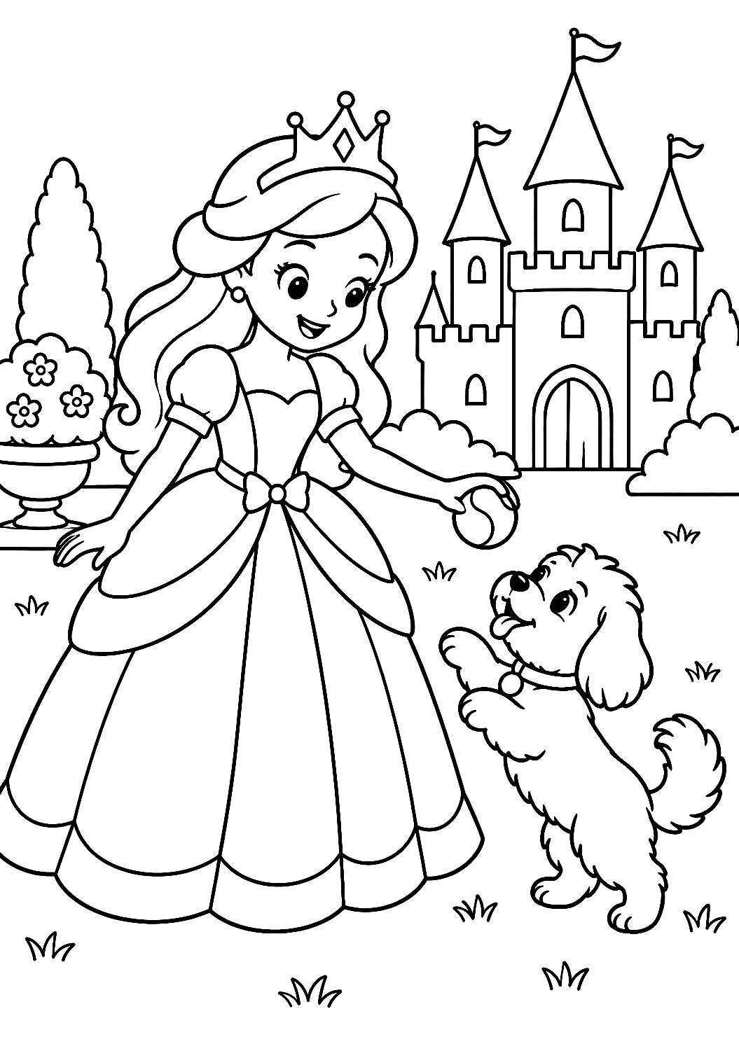 Prinzessin mit ihrem Hund als Malvorlage – Ausmalbild zum Ausdrucken