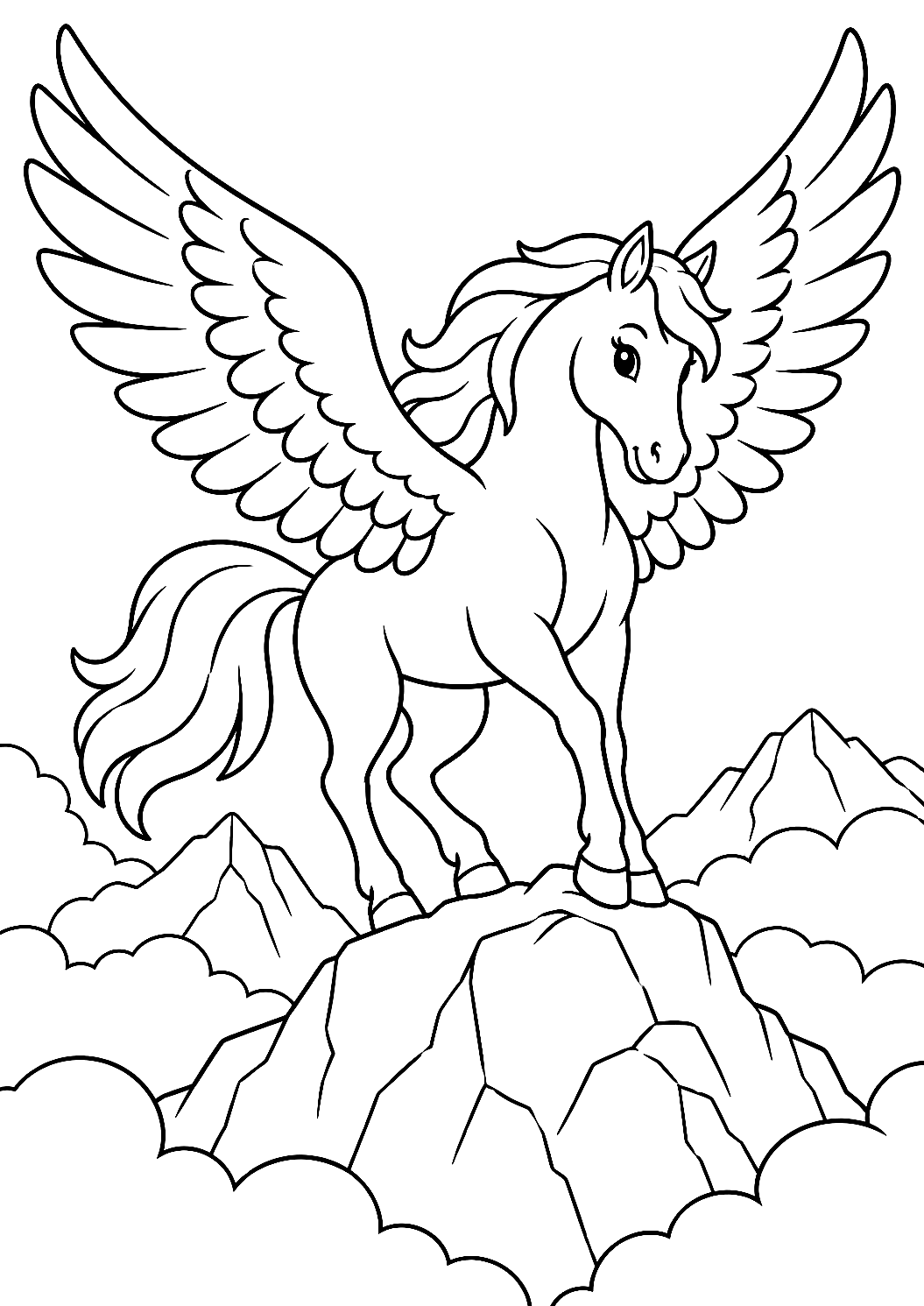 Pegasus laskeutuu vuorenhuipulle – värityskuva – tulostettava värityskuva