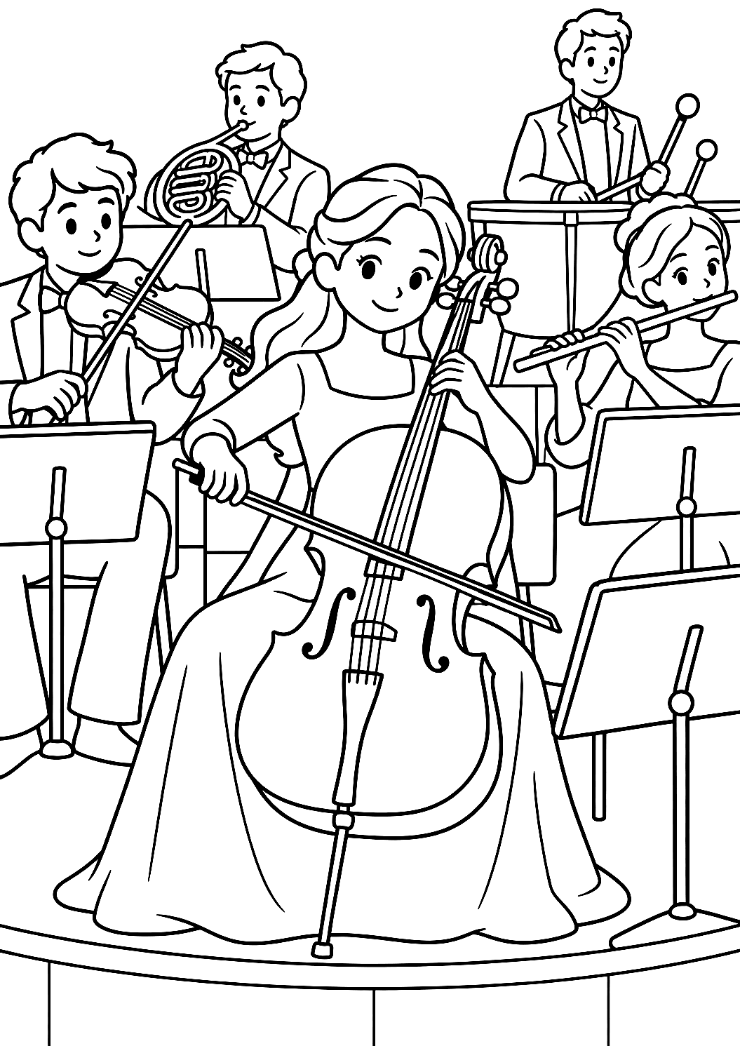 Cellistin im Orchestergraben als Malvorlage – Ausmalbild zum Ausdrucken