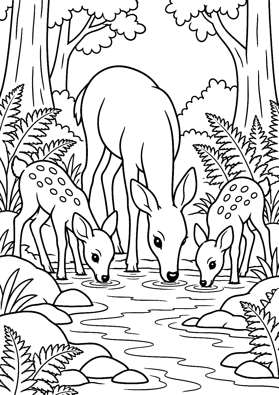 Hirschfamilie am Waldbach als Malvorlage – Ausmalbild zum Ausdrucken