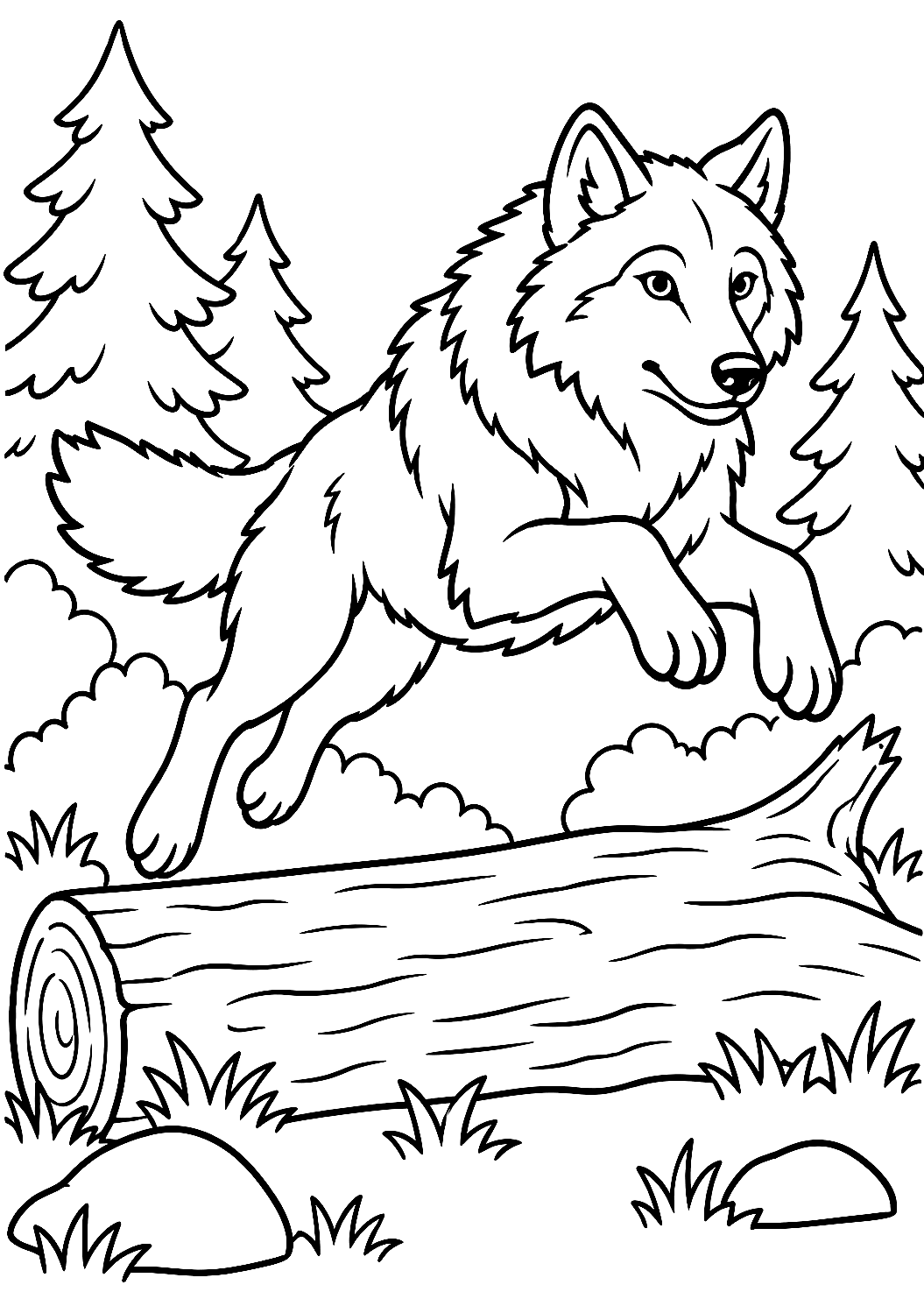 Jumping Wolf Over a Tree Trunk Coloring Page – printable coloring page