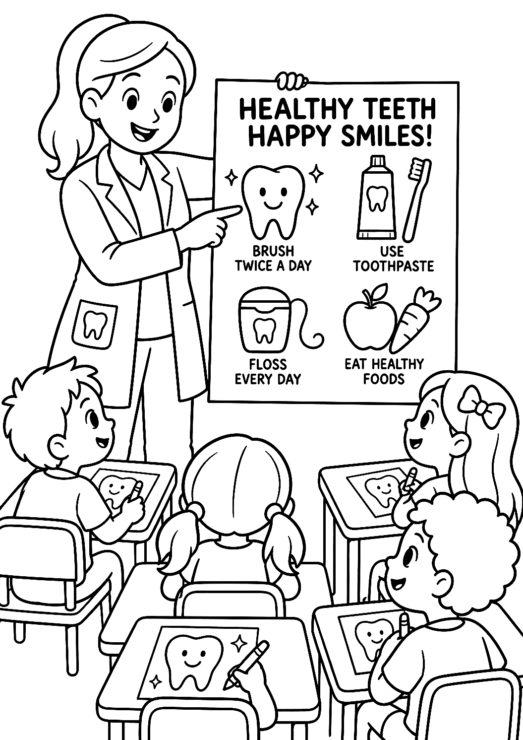 Children at Dentist School Coloring Page – printable coloring page