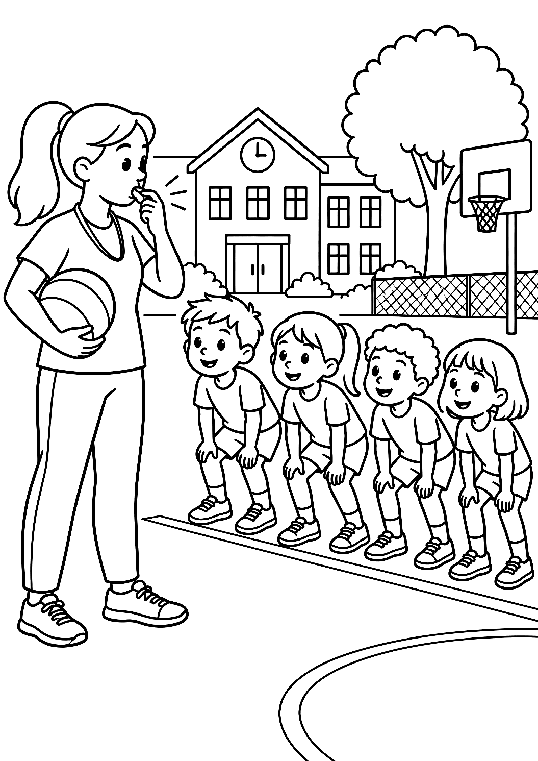 Teacher During PE Class in the Schoolyard Coloring Page – printable coloring page