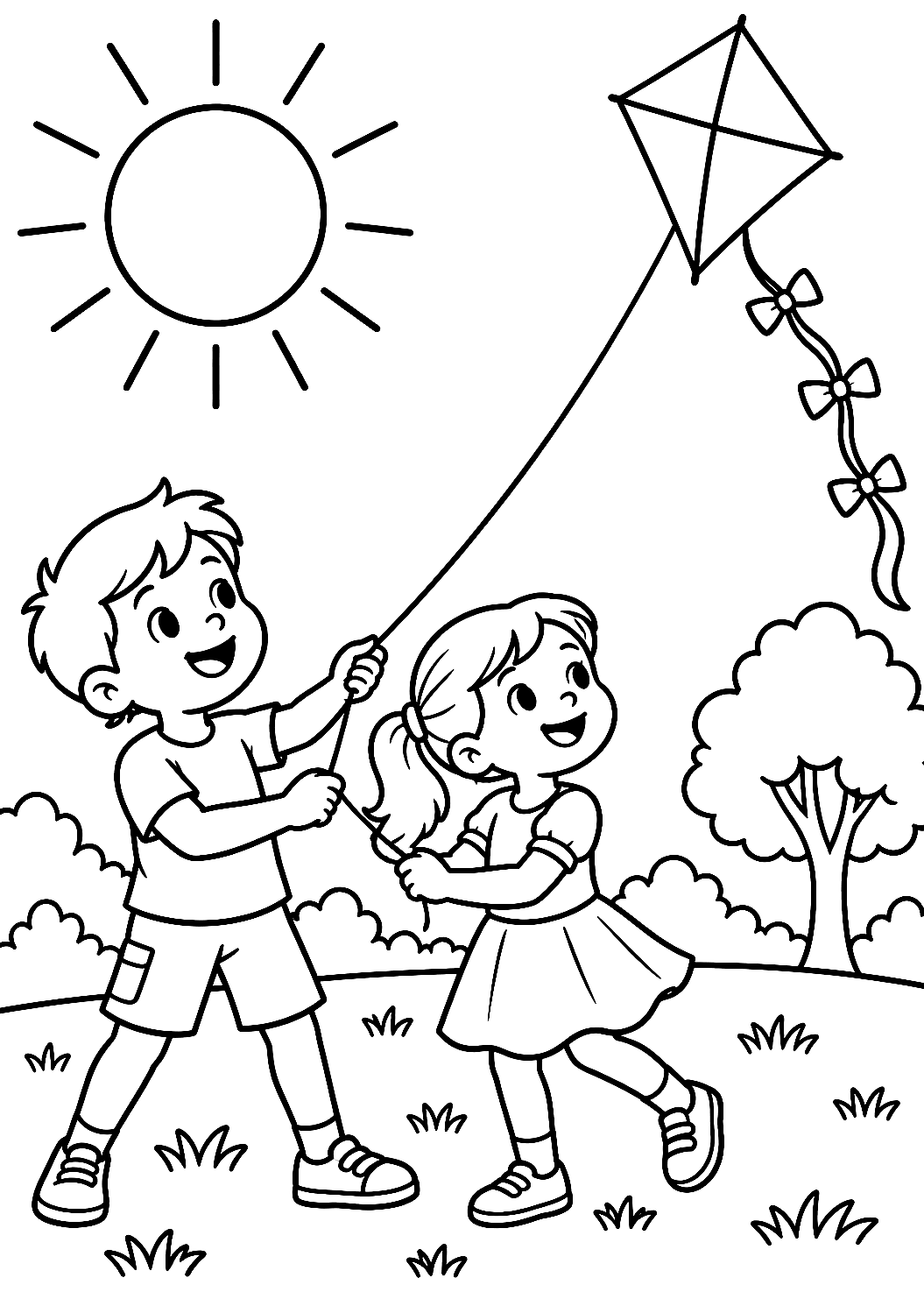 Children Playing in the Sun in Summer Coloring Page – printable coloring page