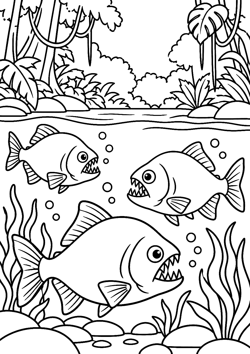 Piranhas in the Rainforest Coloring Page – printable coloring page