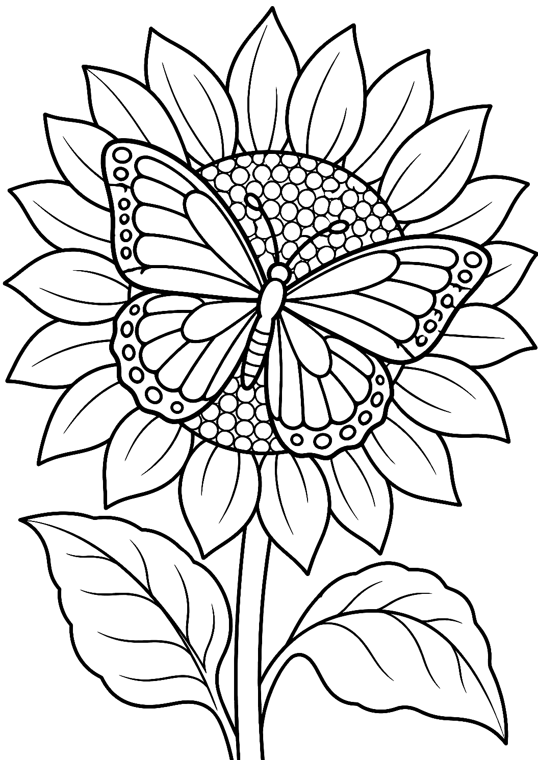 Butterfly on a Sunflower in Summer Coloring Page – printable coloring page