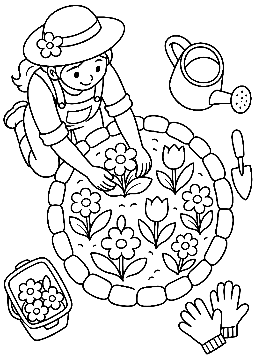 上から見た庭師と花壇のぬりえ – 印刷用ぬりえ