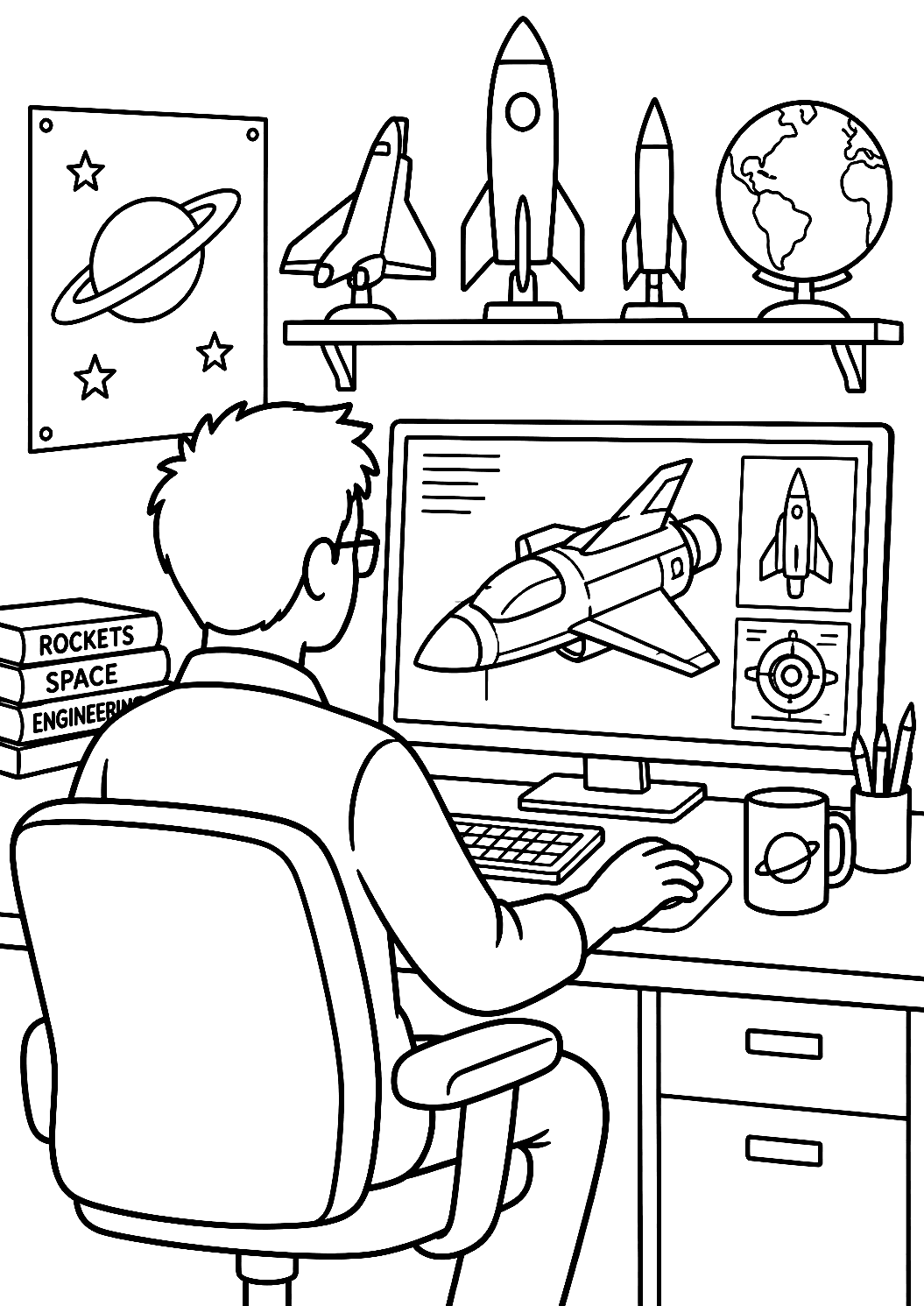 Une ingénieure conçoit un vaisseau spatial à l'ordinateur à colorier – coloriage à imprimer
