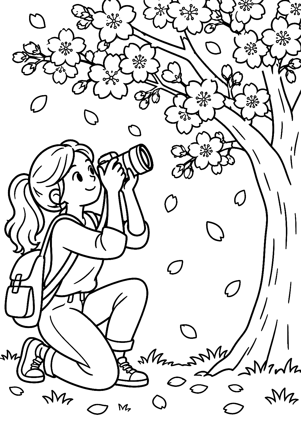 Une photographe photographie les fleurs de cerisier au printemps à colorier – coloriage à imprimer