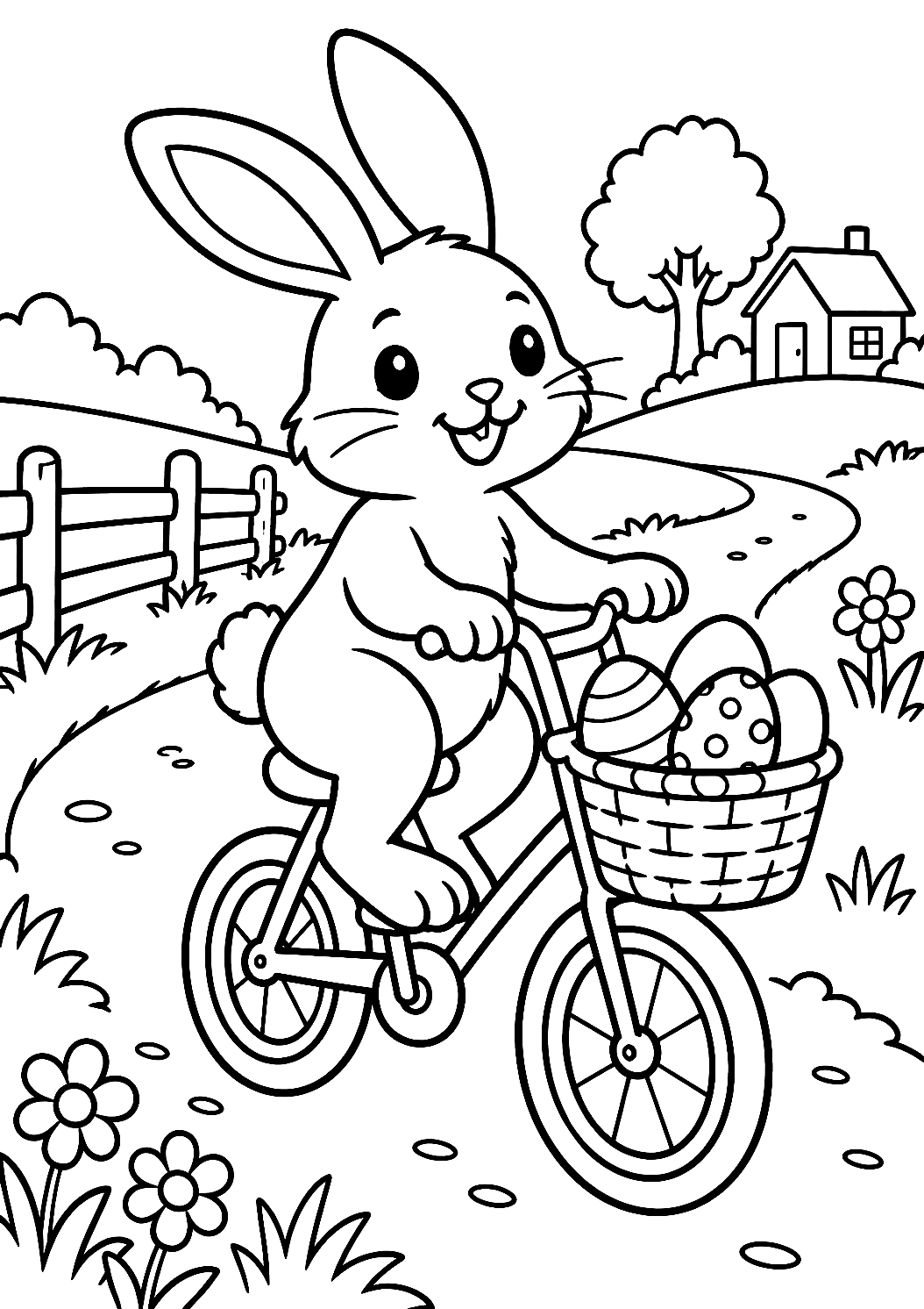 Easter Bunny Riding a Bicycle Coloring Page – printable coloring page