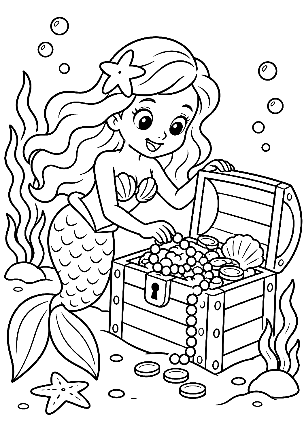 Sirène avec Coffre au Trésor à Colorier – coloriage à imprimer