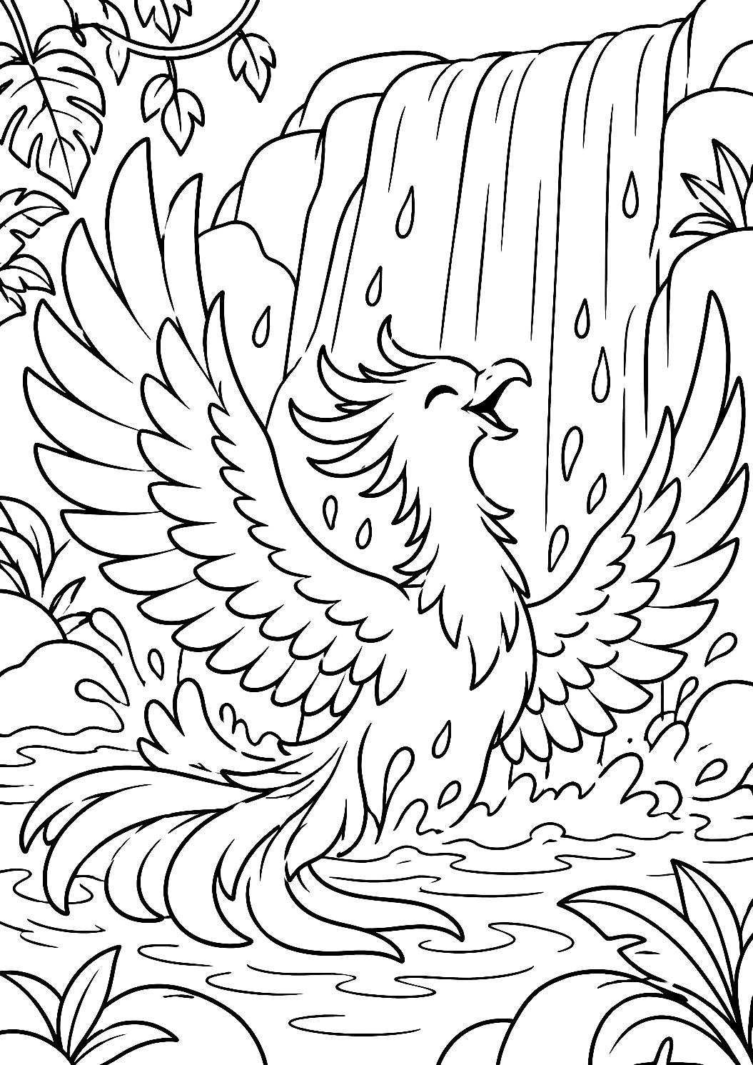 Fénix Bañándose en una Cascada para Colorear – dibujo para colorear e imprimir