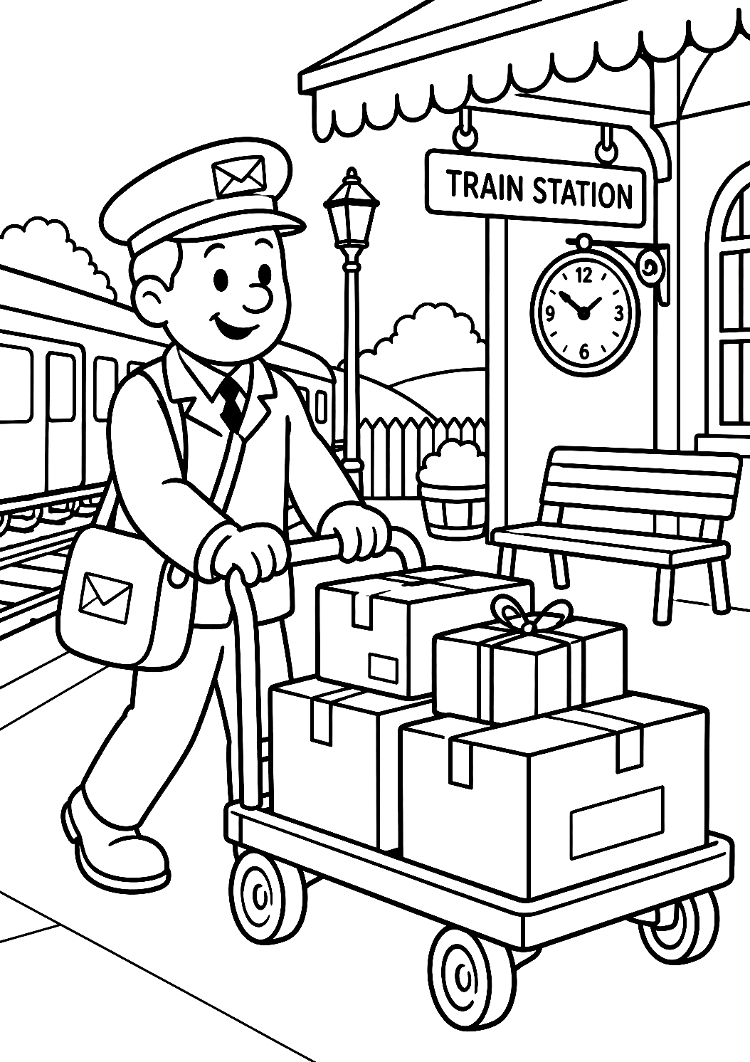 Postino alla Stazione con Carrello Pacchi da Colorare – disegno da colorare da stampare