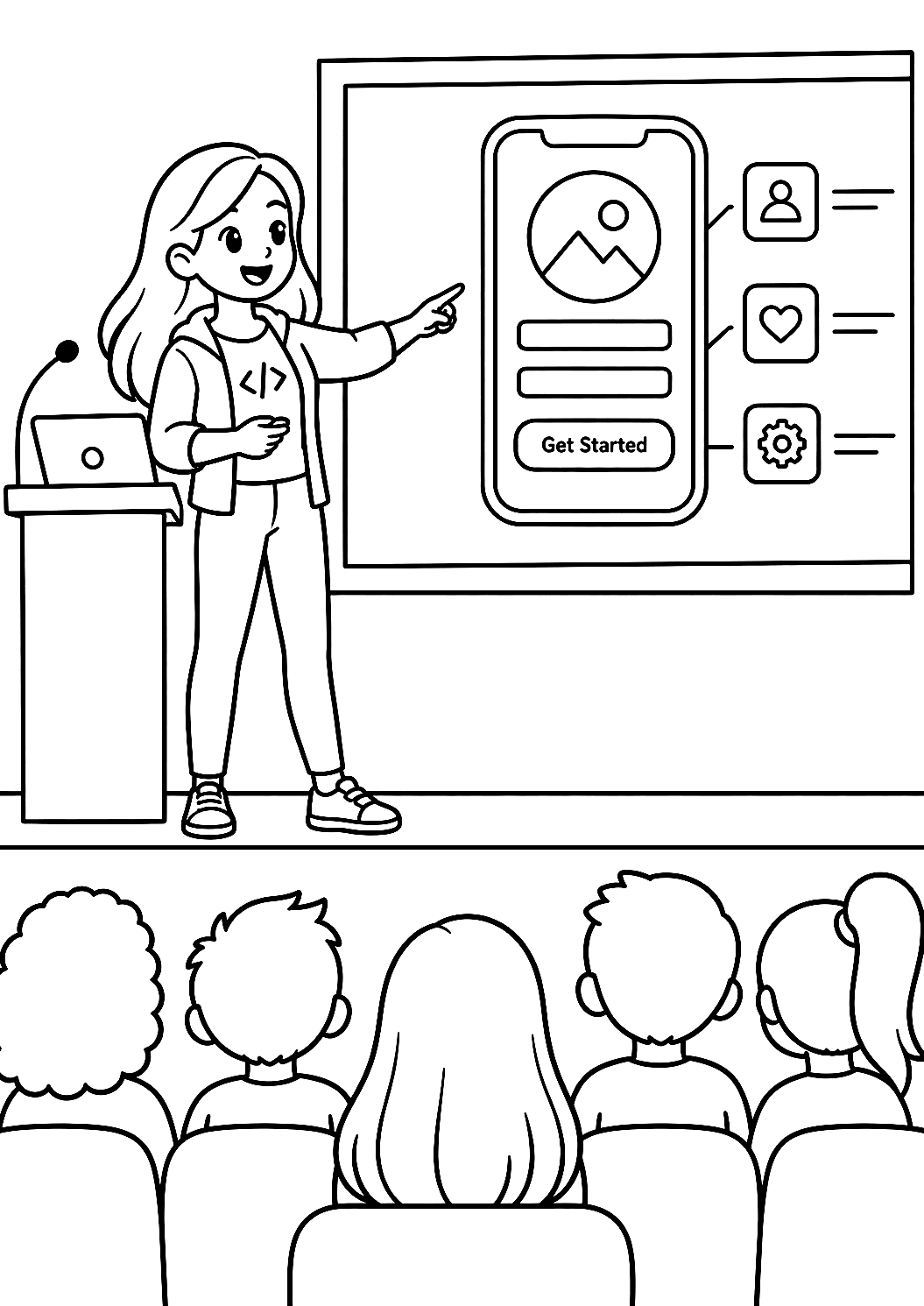 Programmør præsenterer app på konferencescenen som tegning til farvelægning – malebog til udskrivning