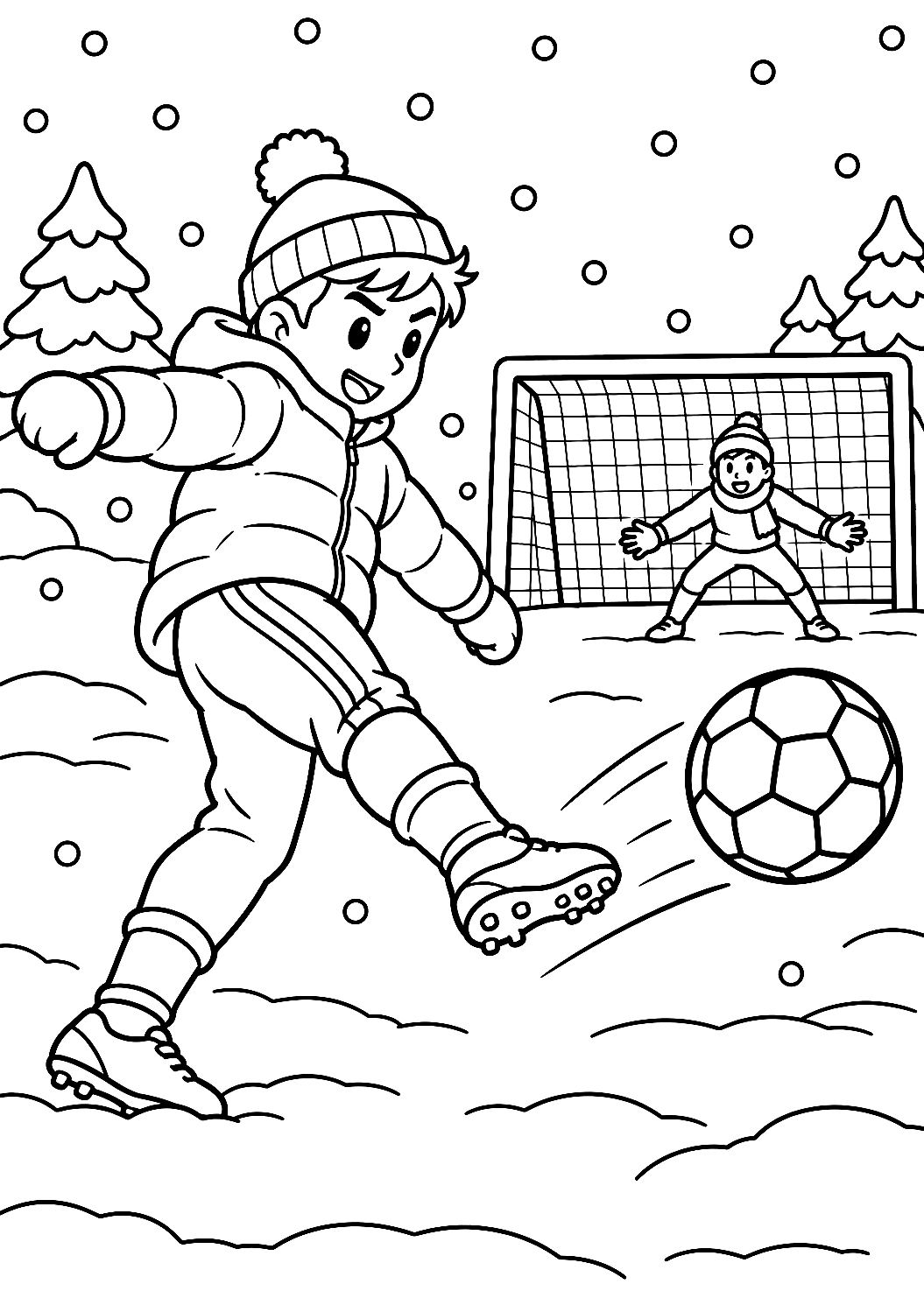 Jogador de Futebol a Rematar à Baliza na Neve para Colorir – desenho para colorir para imprimir