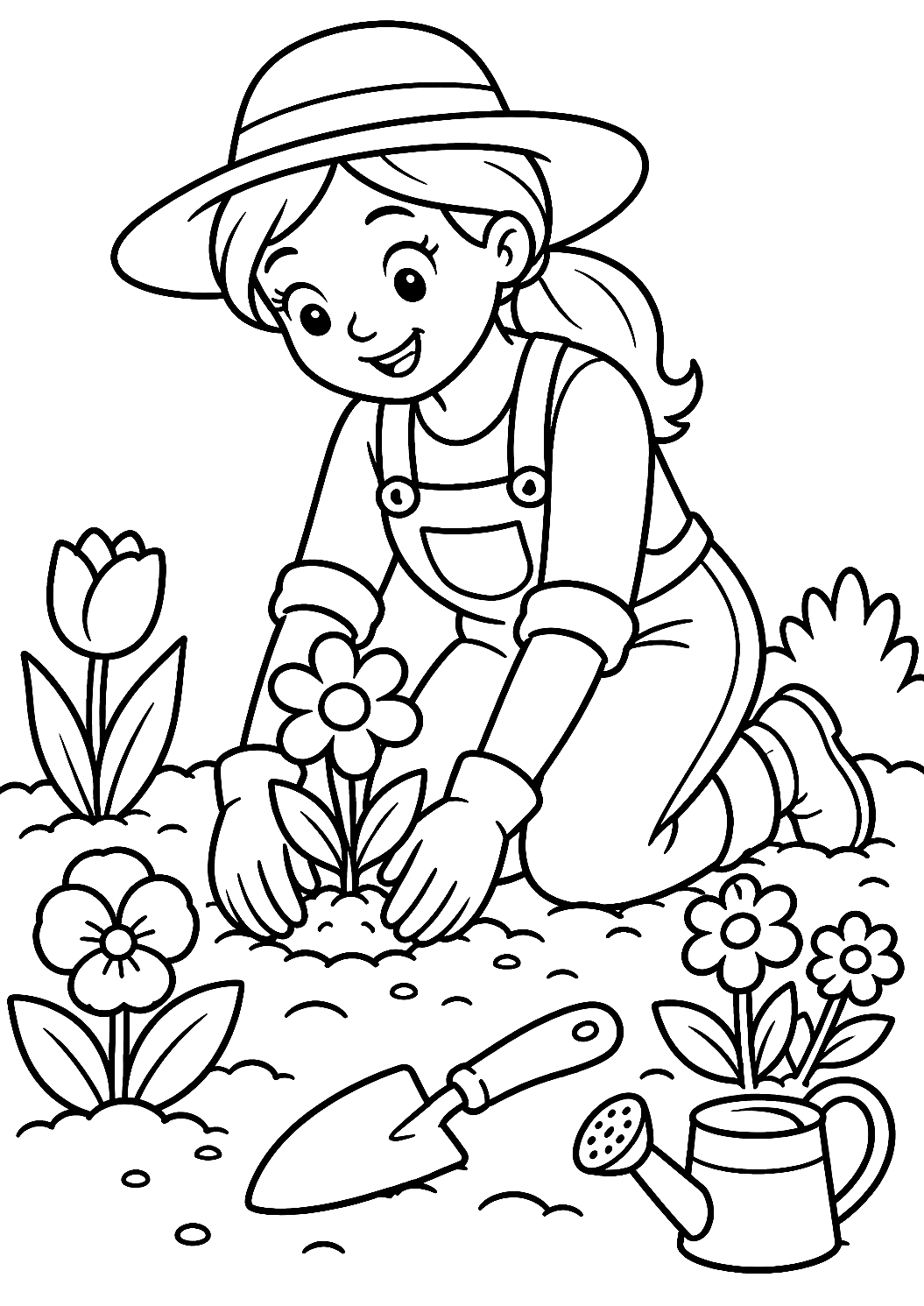 Gardener Planting a Flower Bed in Spring Coloring Page – printable coloring page