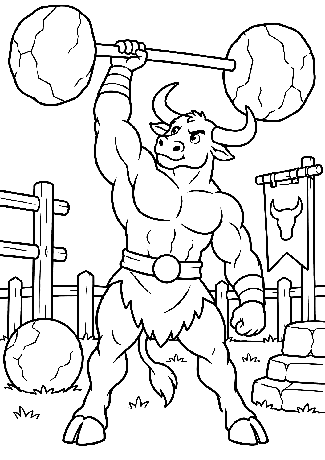 Minotaur Competing with Dumbbells Coloring Page – printable coloring page