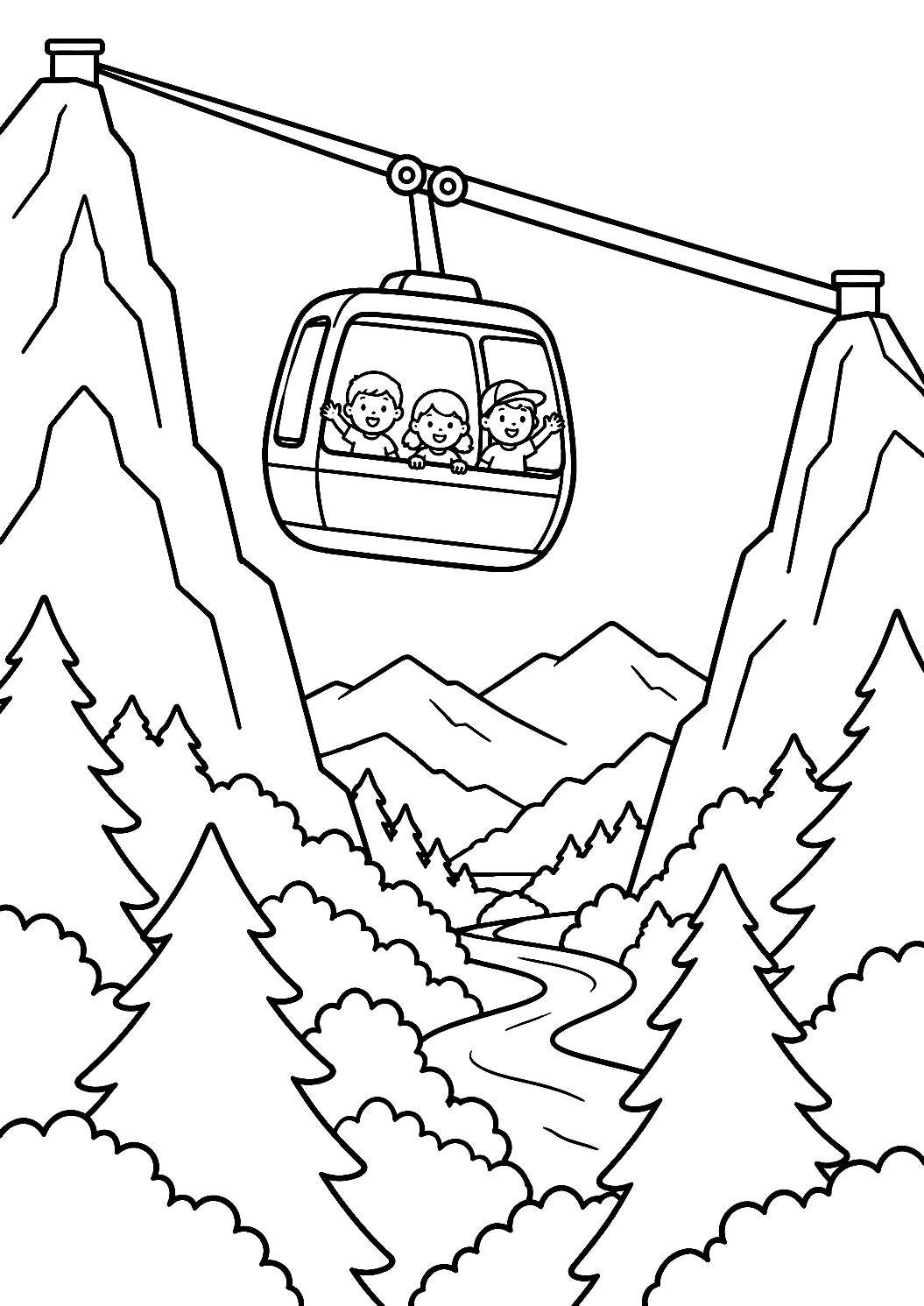 Cable Car Over the Valley Coloring Page – printable coloring page