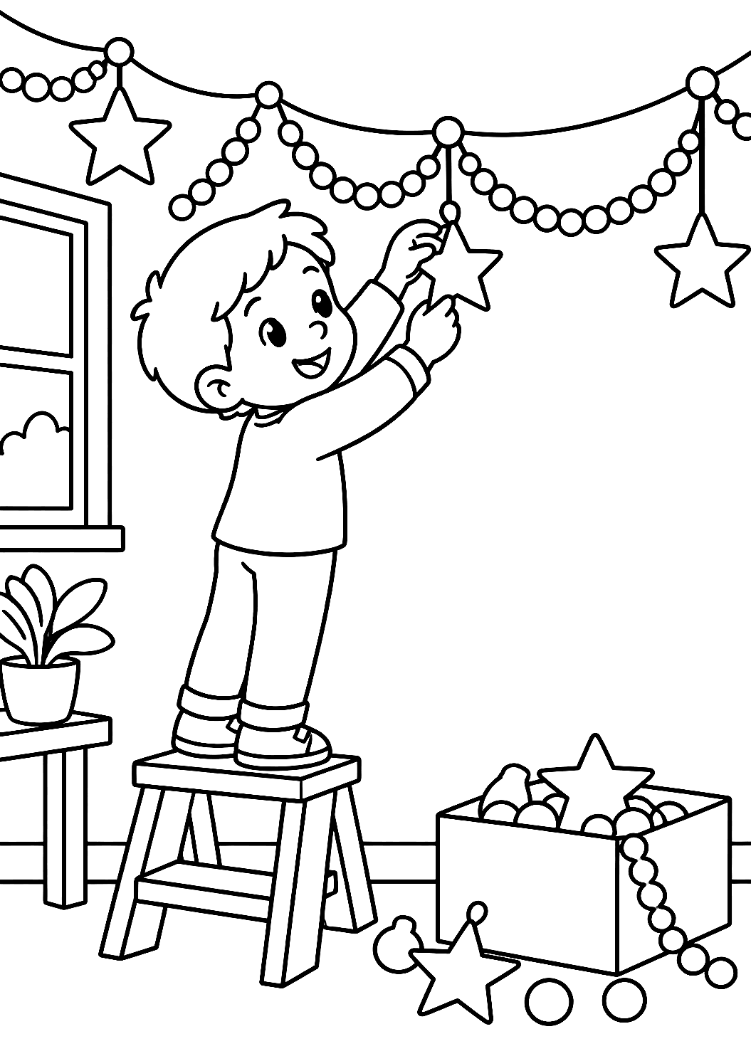 Página para colorir: criança a decorar a casa – desenho para colorir para imprimir