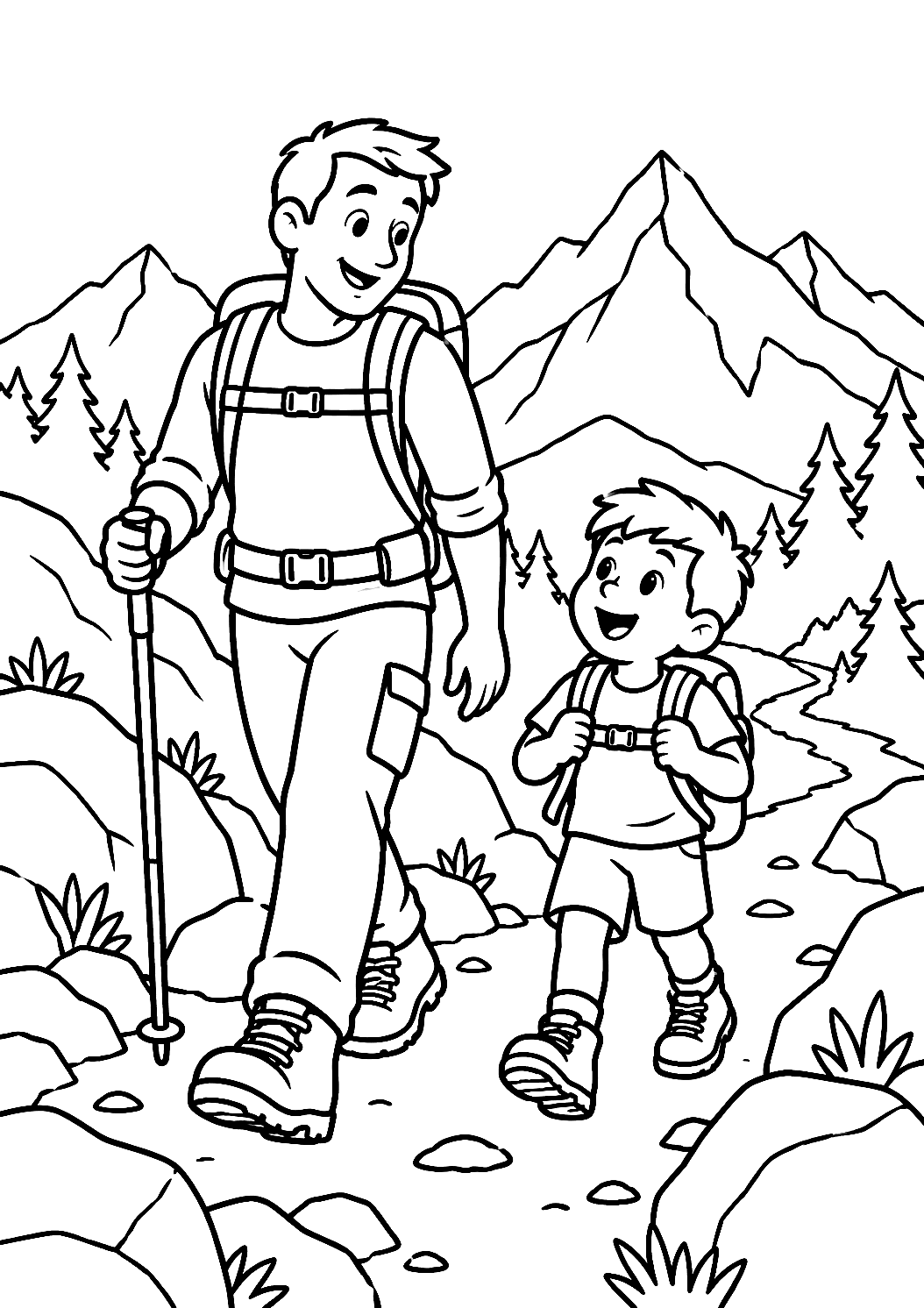 山でハイキングするお父さんと子ども:ぬりえ – 印刷用ぬりえ