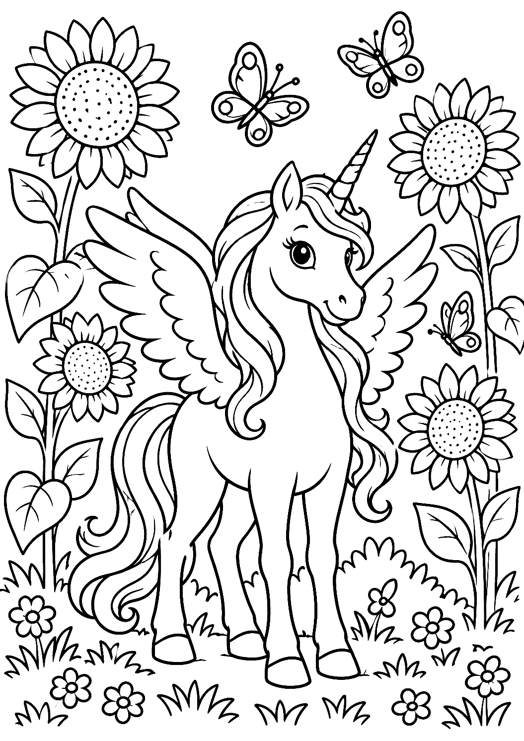 Unicórnio Alado num Jardim de Girassóis para Colorir – desenho para colorir para imprimir