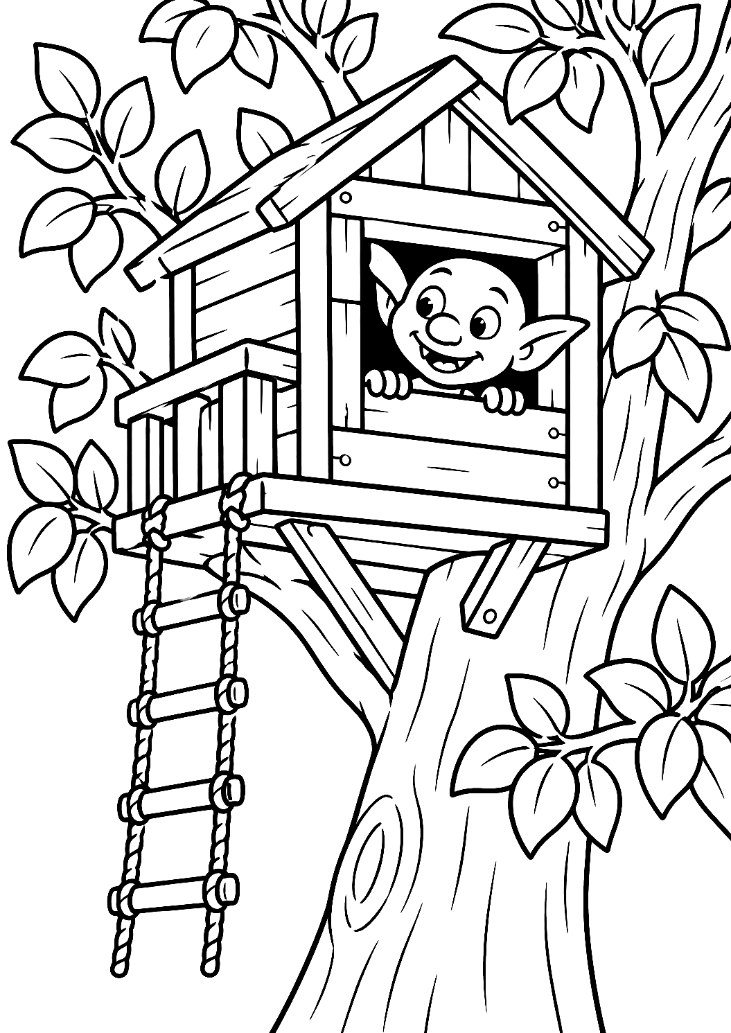 Goblin in de boomhut als kleurplaat – kleurplaat om af te drukken