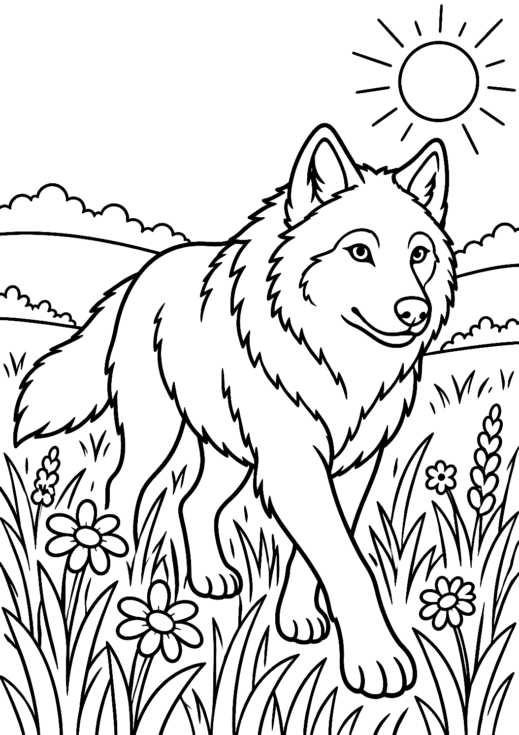 Wolf in het zomerveld als kleurplaat – kleurplaat om af te drukken