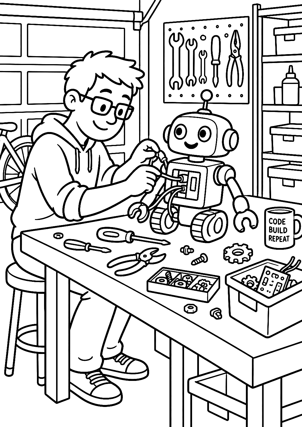 Programmeur construisant un petit robot dans le garage à colorier – coloriage à imprimer