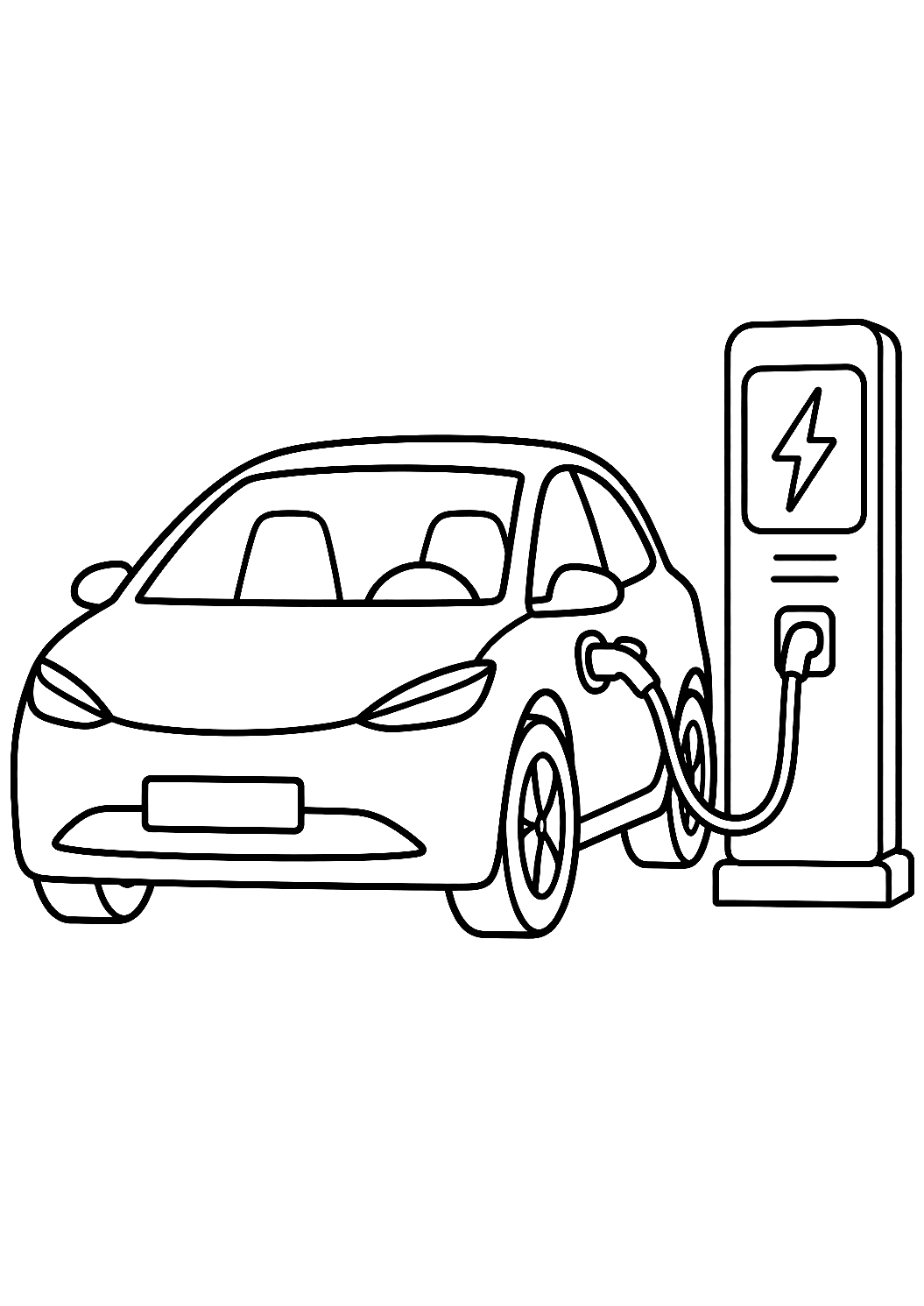 Auto elettrica alla stazione di ricarica da colorare – disegno da colorare da stampare