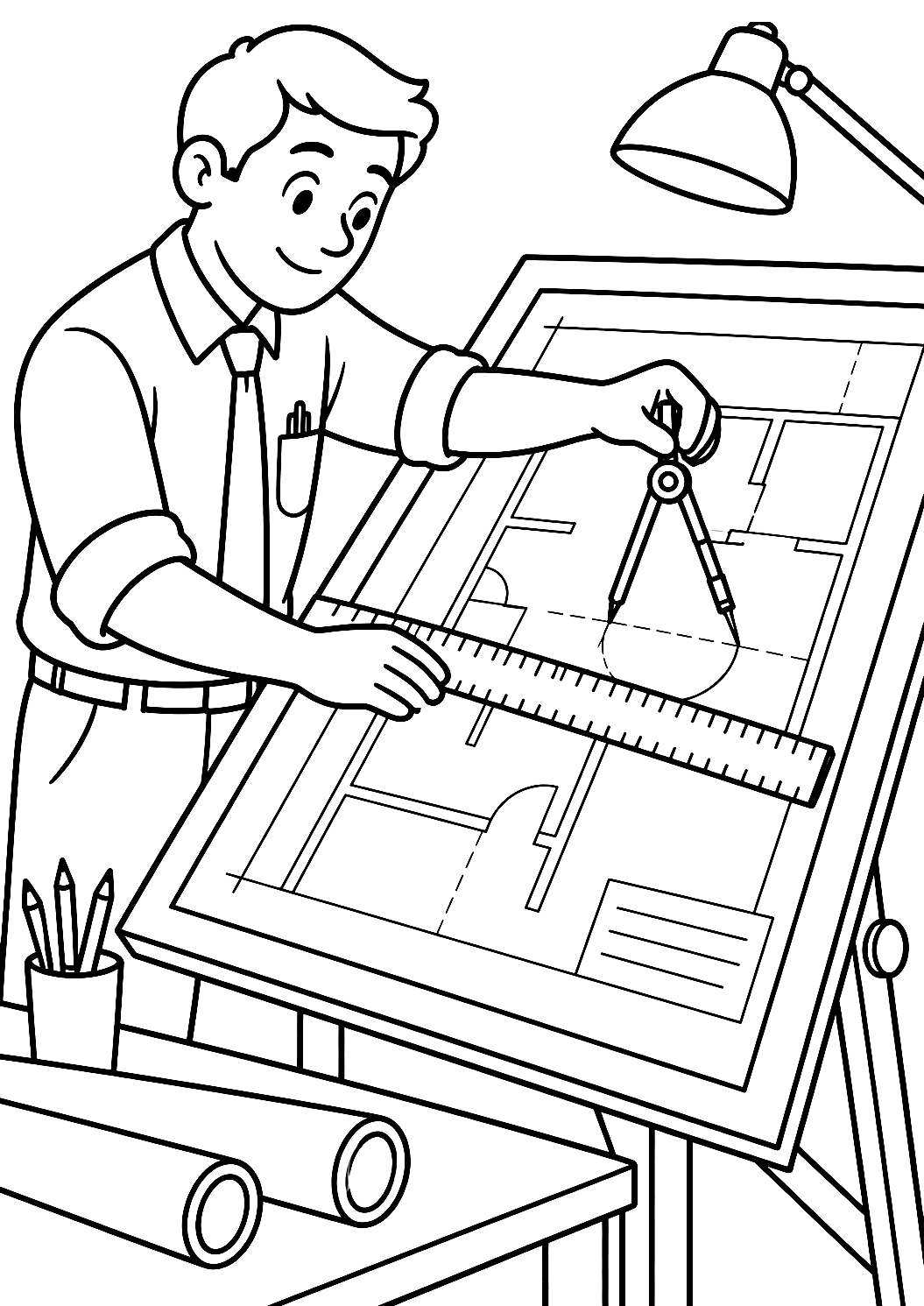 Architect with Ruler and Compass at the Drawing Board Coloring Page – printable coloring page