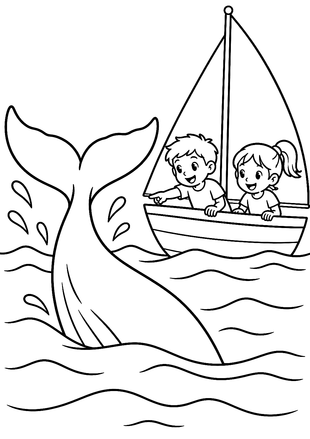 Whale Surfacing Next to a Sailboat Coloring Page – printable coloring page