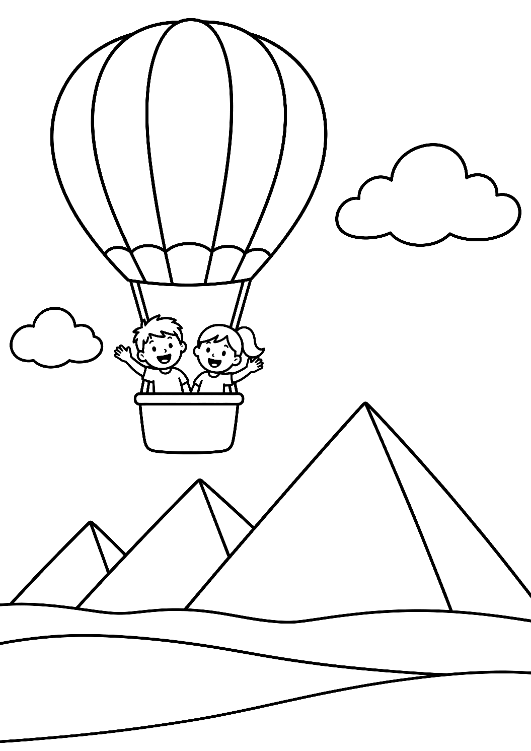 Globo aerostático sobre pirámides para colorear – dibujo para colorear e imprimir