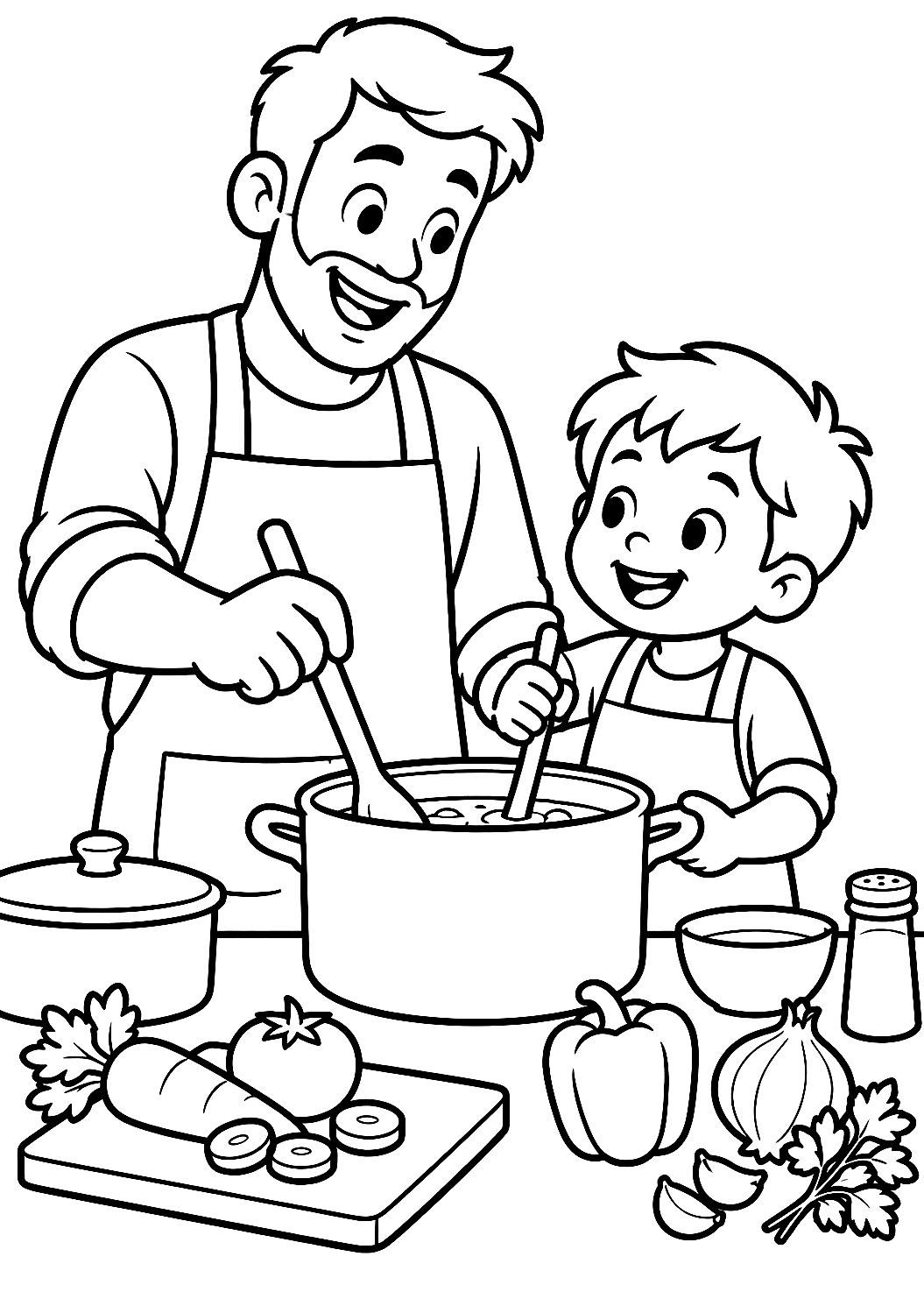 Pai e Filho a Cozinhar na Cozinha para Colorir – desenho para colorir para imprimir