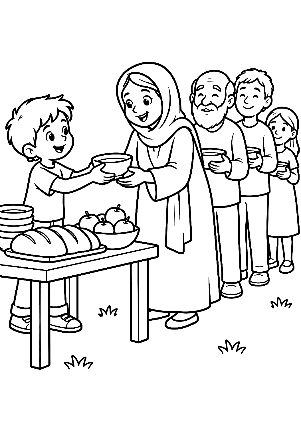 Niño Repartiendo Comida a los Necesitados para Colorear – dibujo para colorear e imprimir