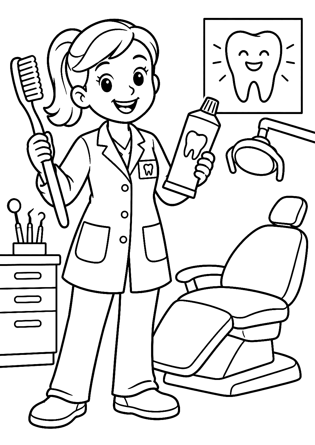 Dentiste avec brosse à dents et dentifrice à colorier – coloriage à imprimer