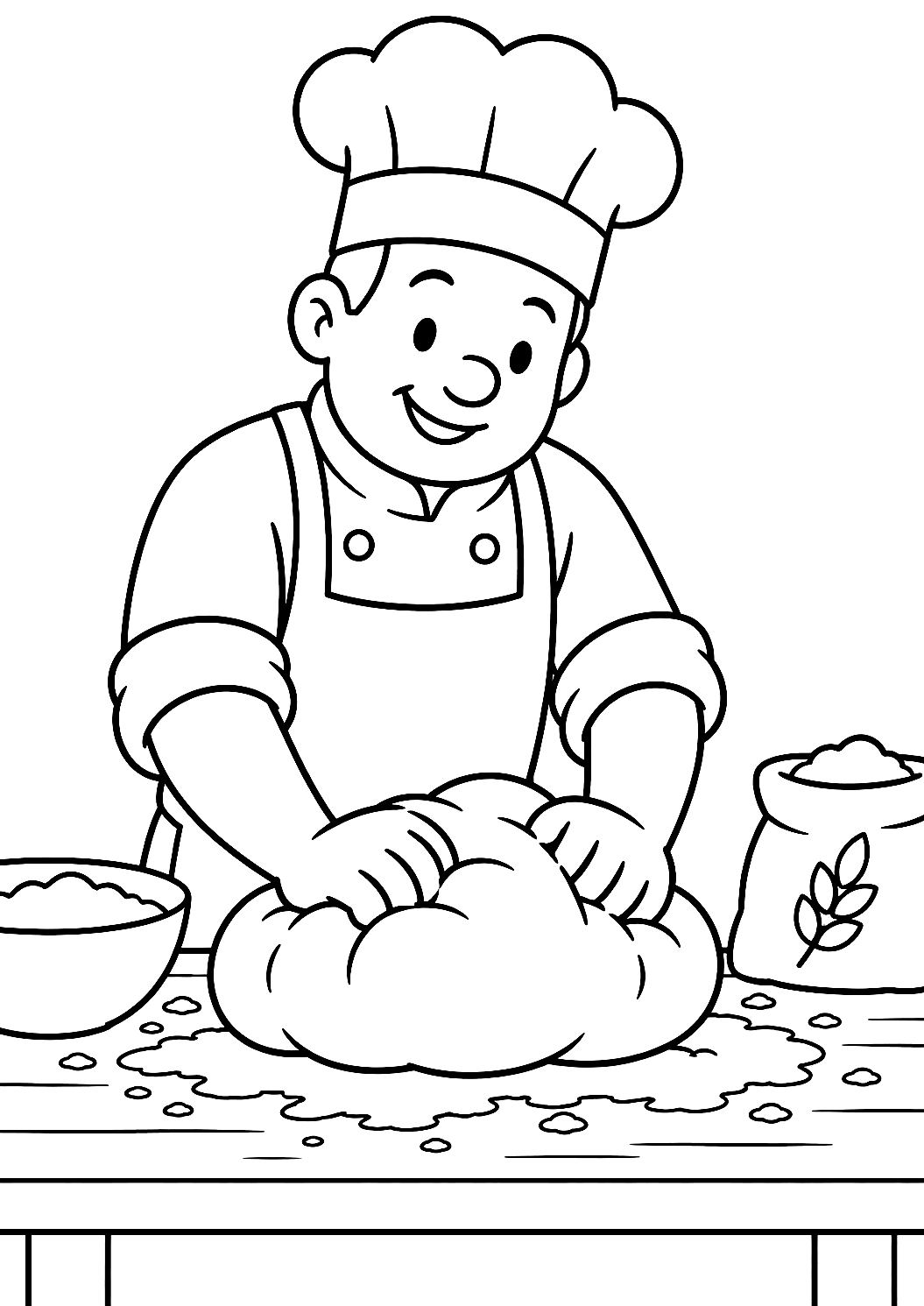 Padeira a amassar massa na mesa para colorir – desenho para colorir para imprimir