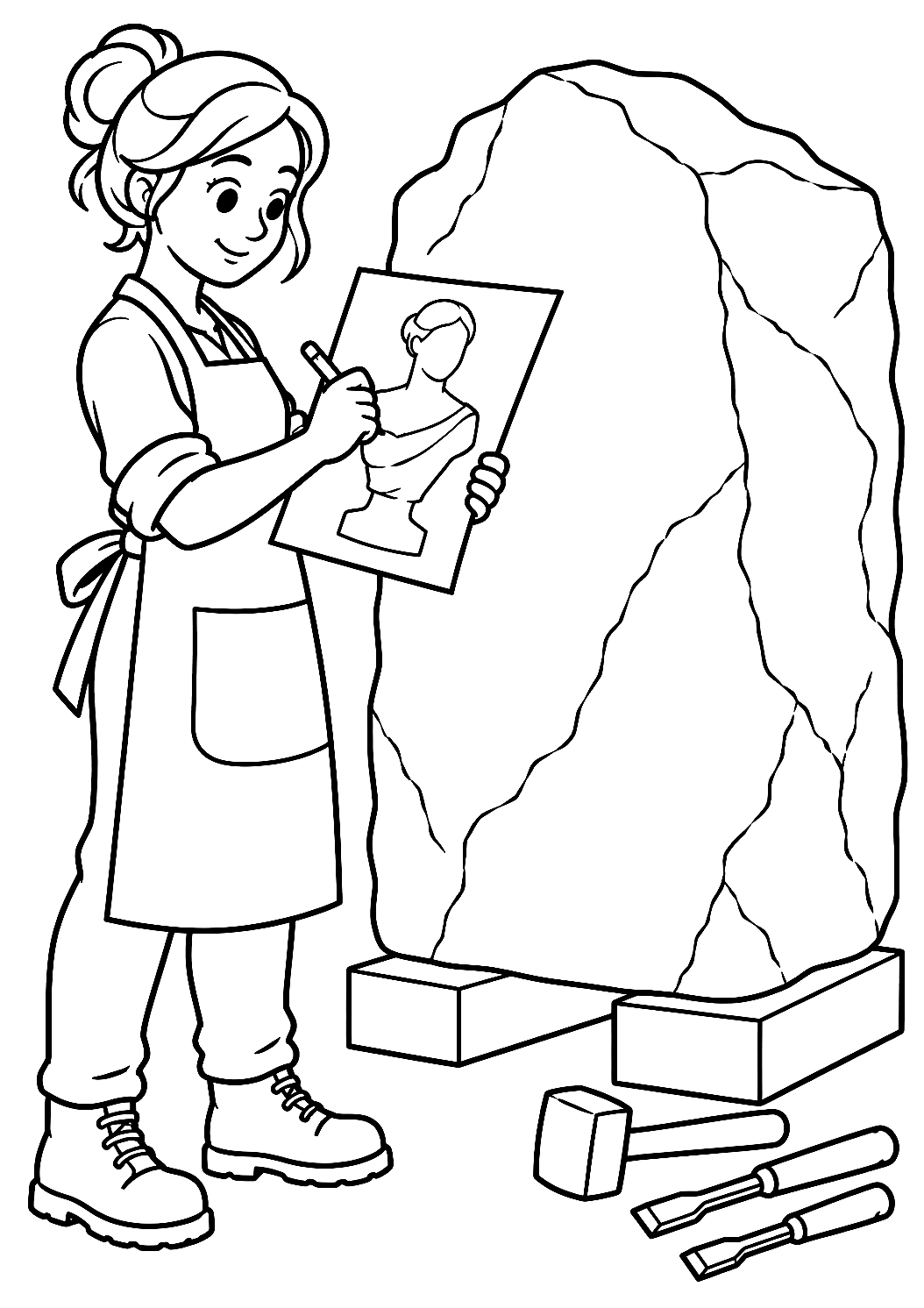 Escultora a esboçar uma ideia em frente ao bloco de pedra para colorir – desenho para colorir para imprimir