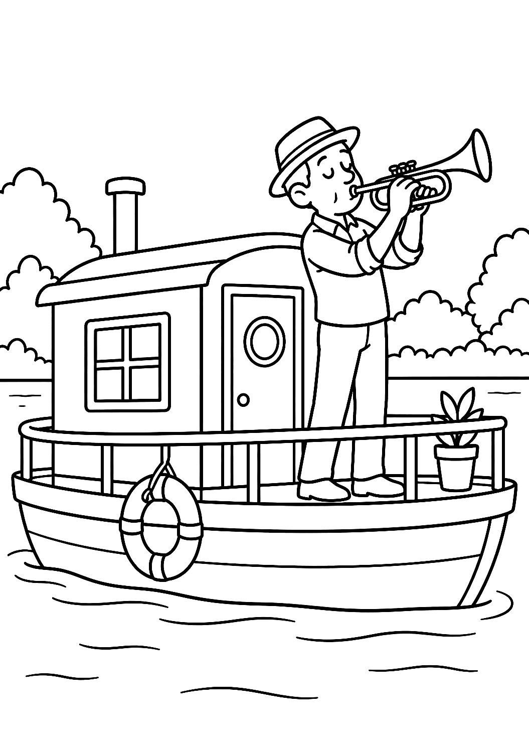 Trompettiste sur une péniche à colorier – coloriage à imprimer