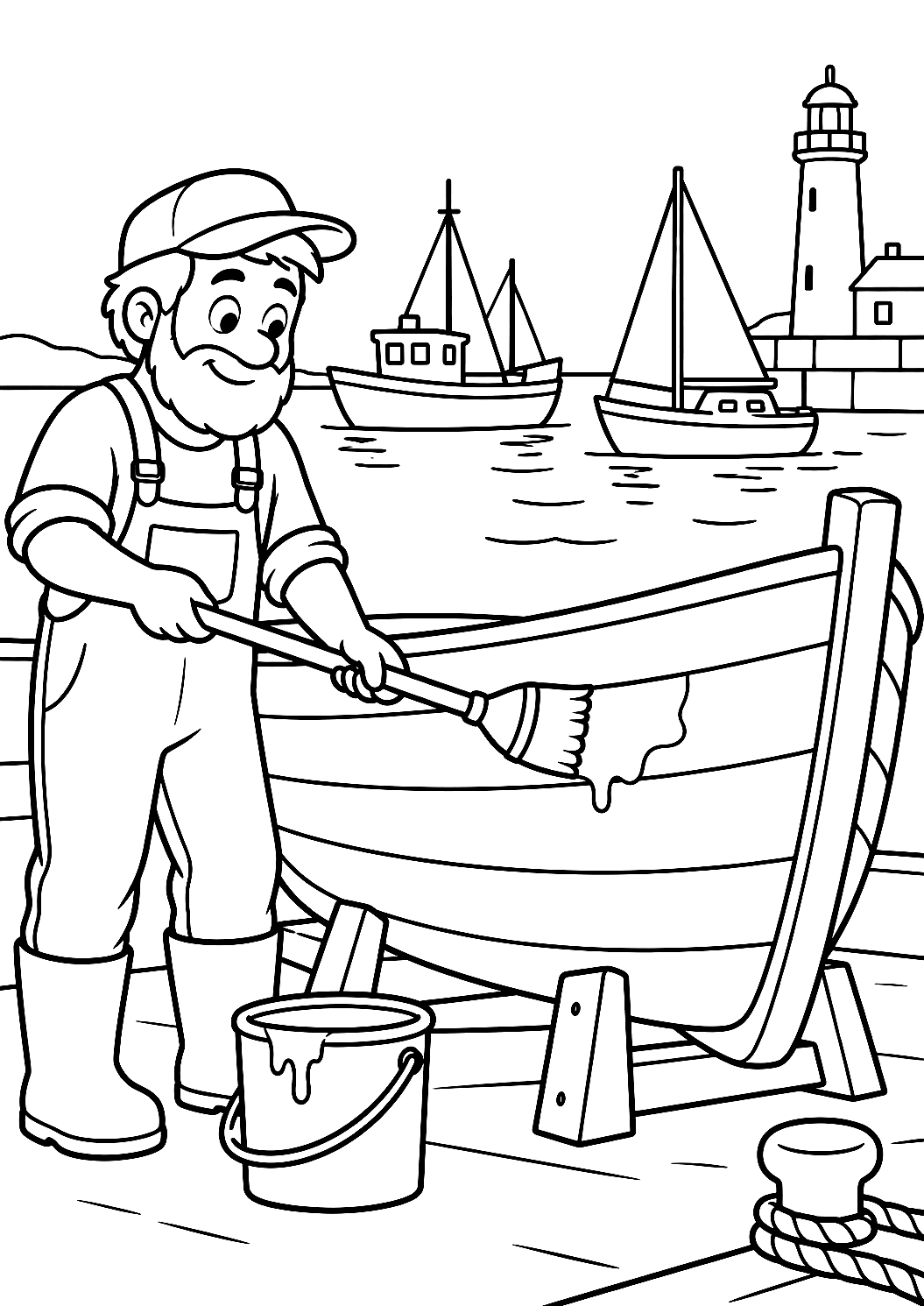 Peintre repeignant un bateau au port à colorier – coloriage à imprimer
