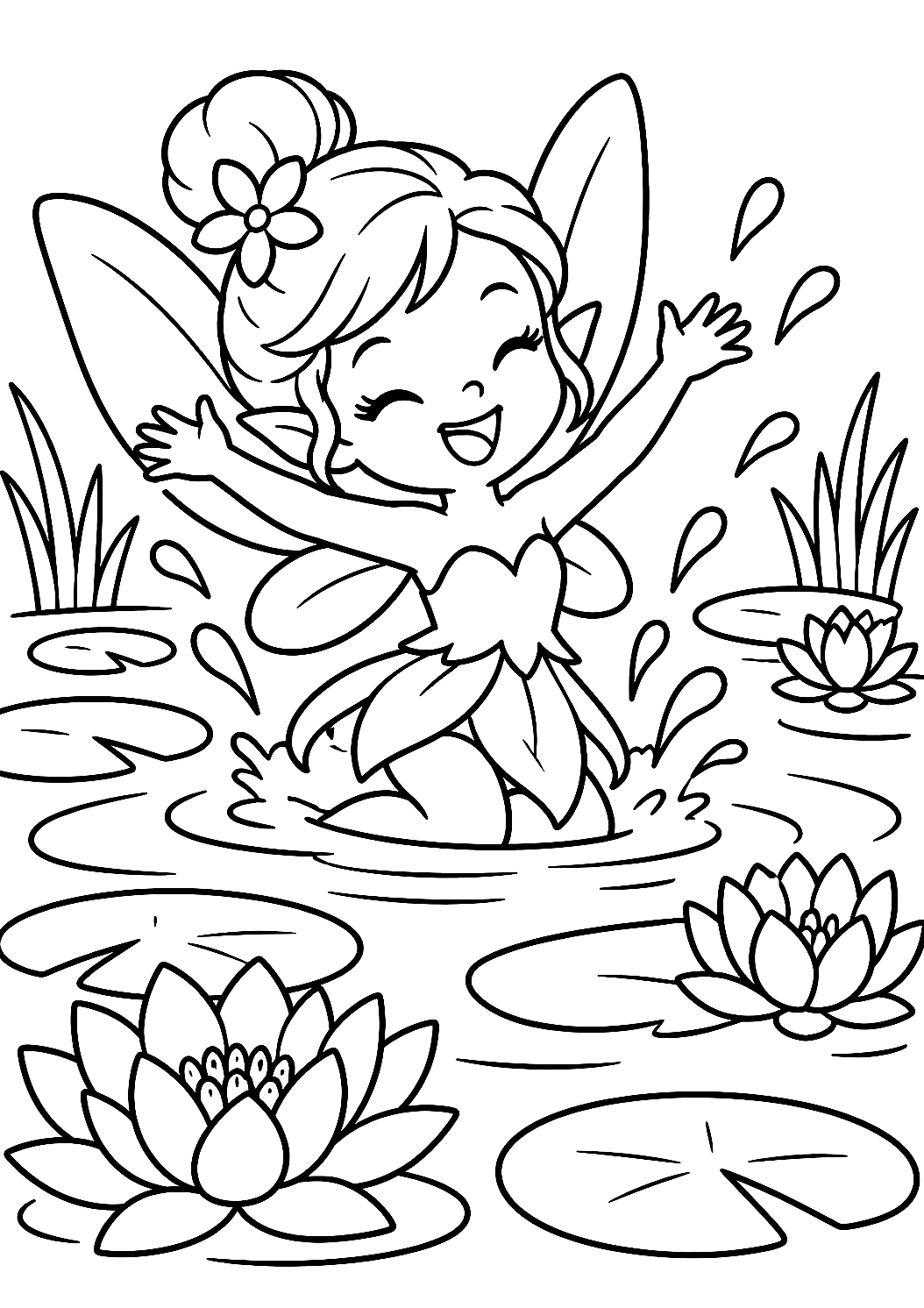 Fairy Bathing in the Water Lily Pond Coloring Page – printable coloring page