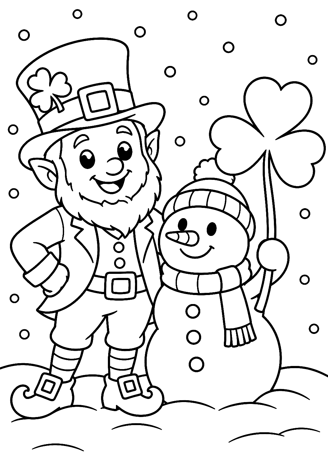 Duende no Inverno com Boneco de Neve e Trevo para Colorir – desenho para colorir para imprimir