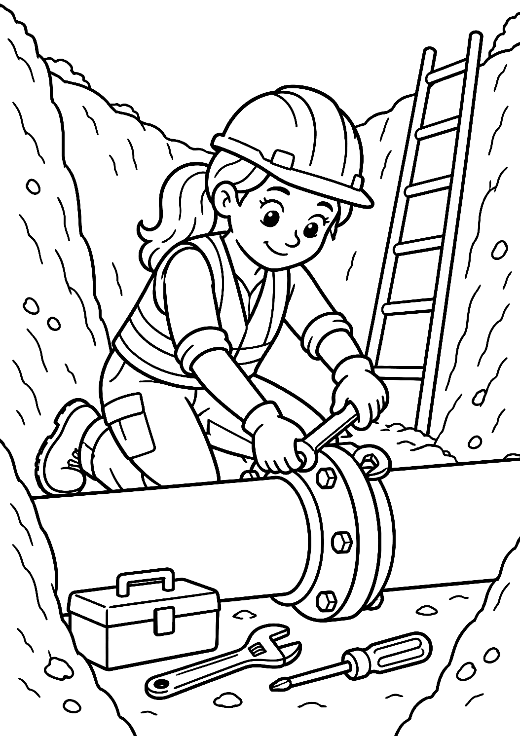 Construction Worker Laying Pipes in a Trench Coloring Page – printable coloring page