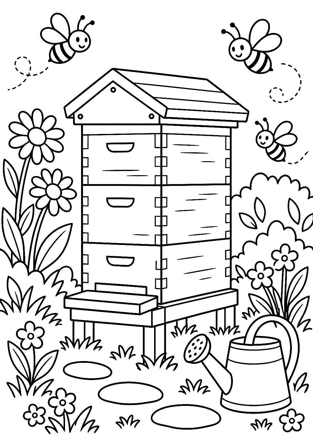La ruche dans le jardin à colorier – coloriage à imprimer