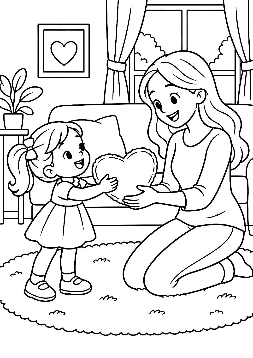 孩子送给妈妈一个爱心枕头涂色页 – 可打印的涂色图