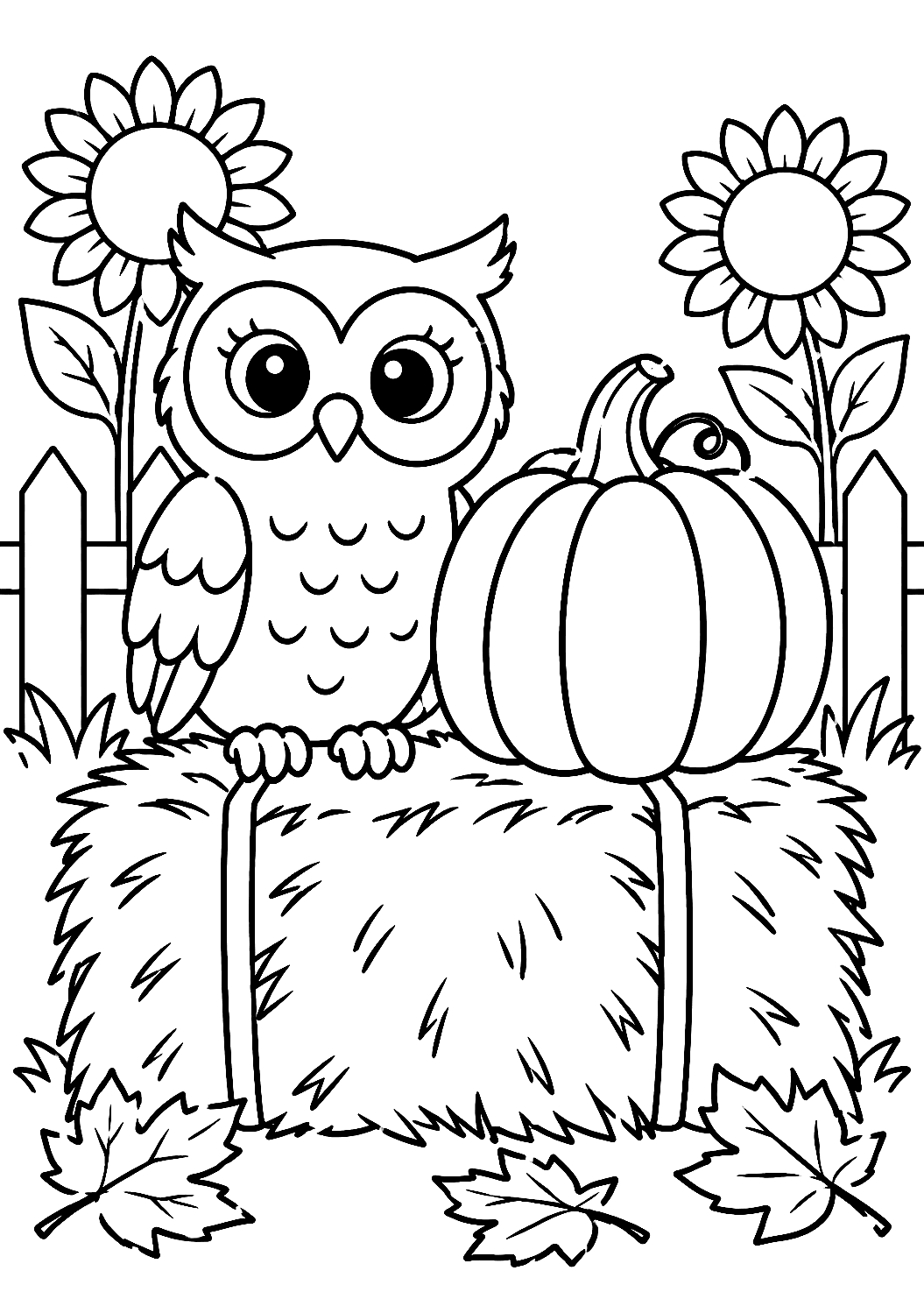 Owl with Pumpkin in Autumn Coloring Page – printable coloring page