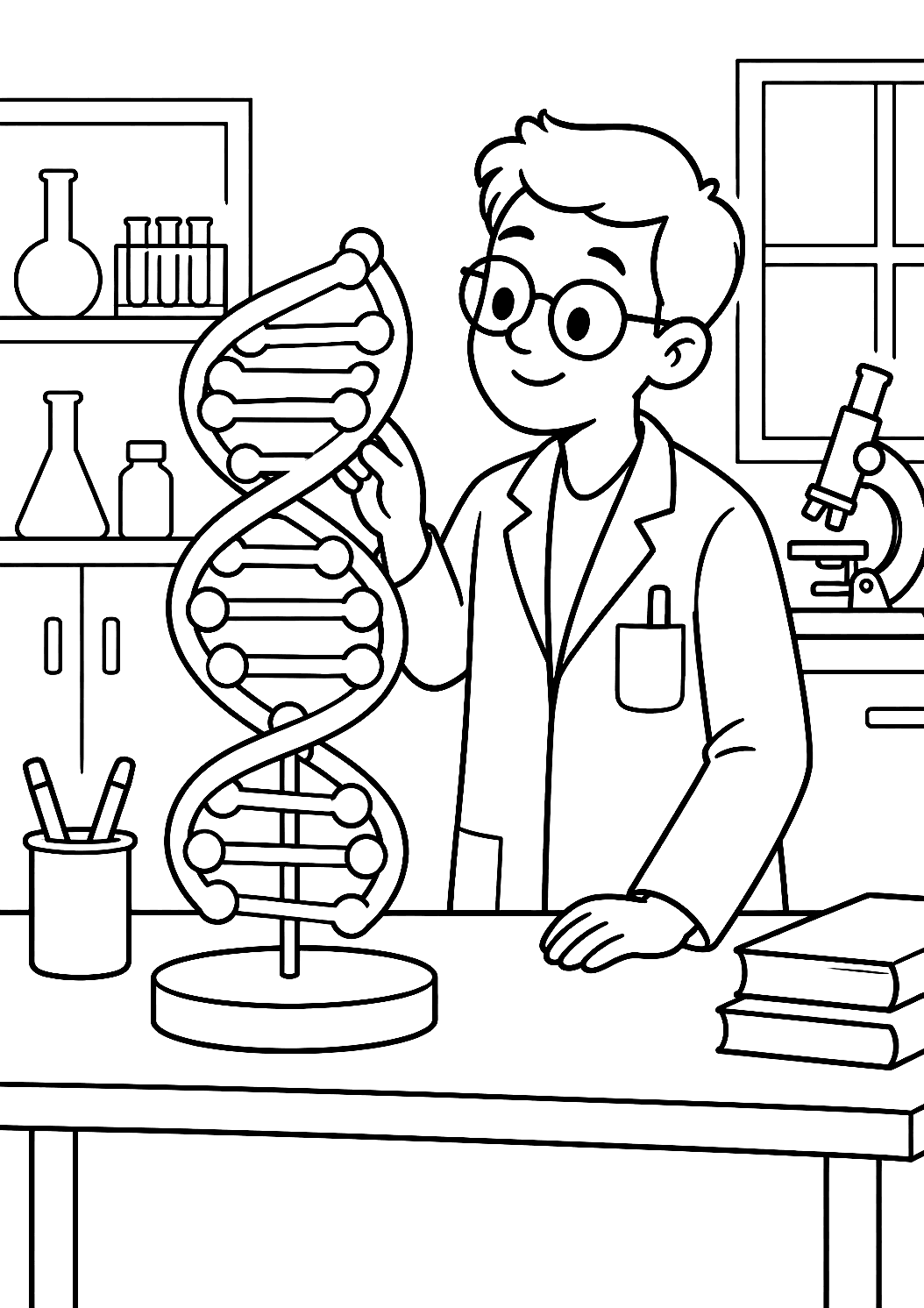 Genetička sledující dvoušroubovici DNA jako omalovánka – omalovánka k vytisknutí