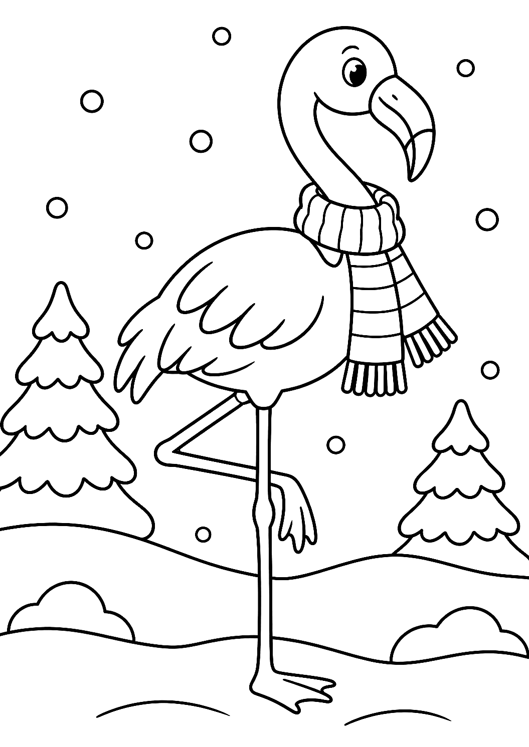 Kışın Atkılı Flamingo Boyama Sayfası – yazdırılabilir boyama sayfası