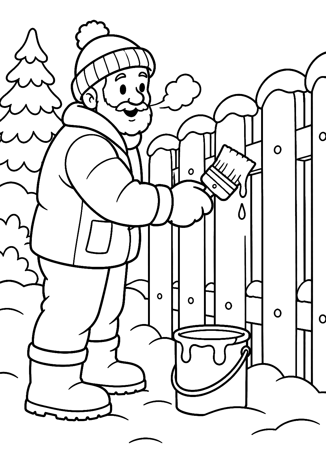 Pintor arreglando una valla en invierno para colorear – dibujo para colorear e imprimir