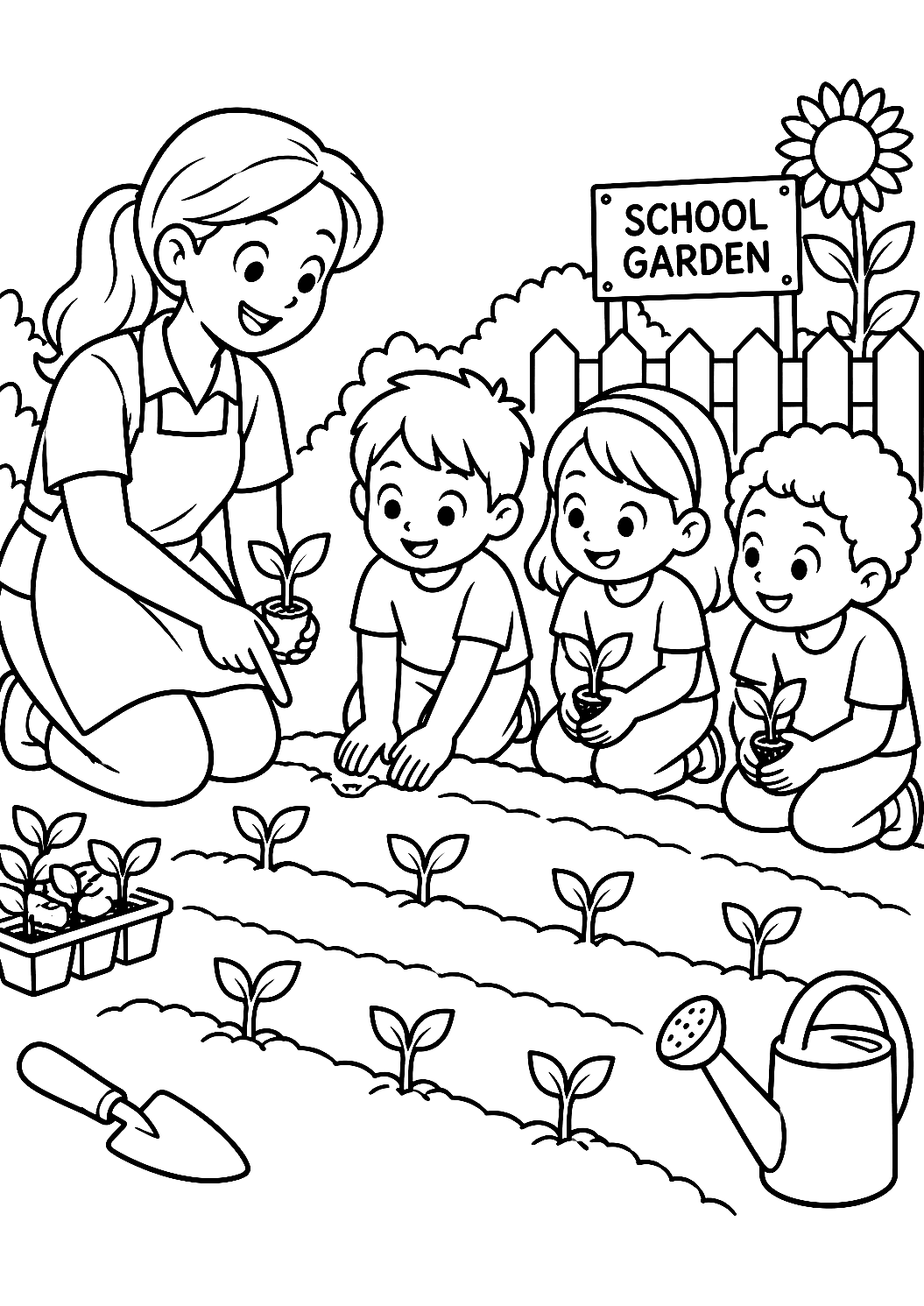 Professora com a turma na horta escolar para colorir – desenho para colorir para imprimir