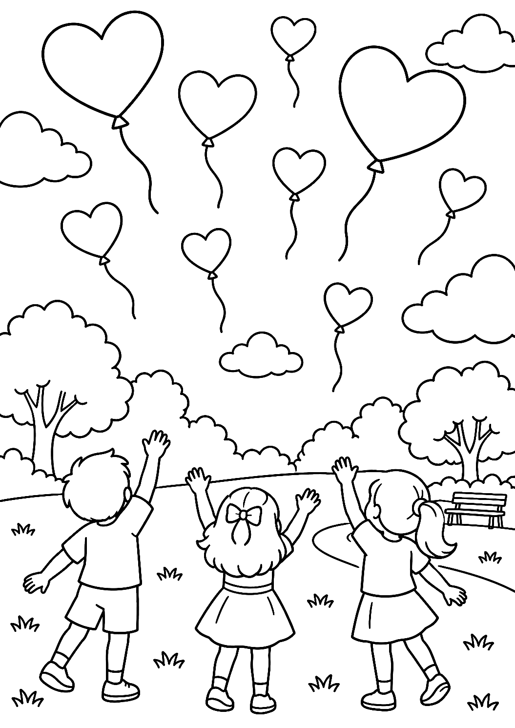 Globos de Corazón Subiendo al Cielo para Colorear – dibujo para colorear e imprimir